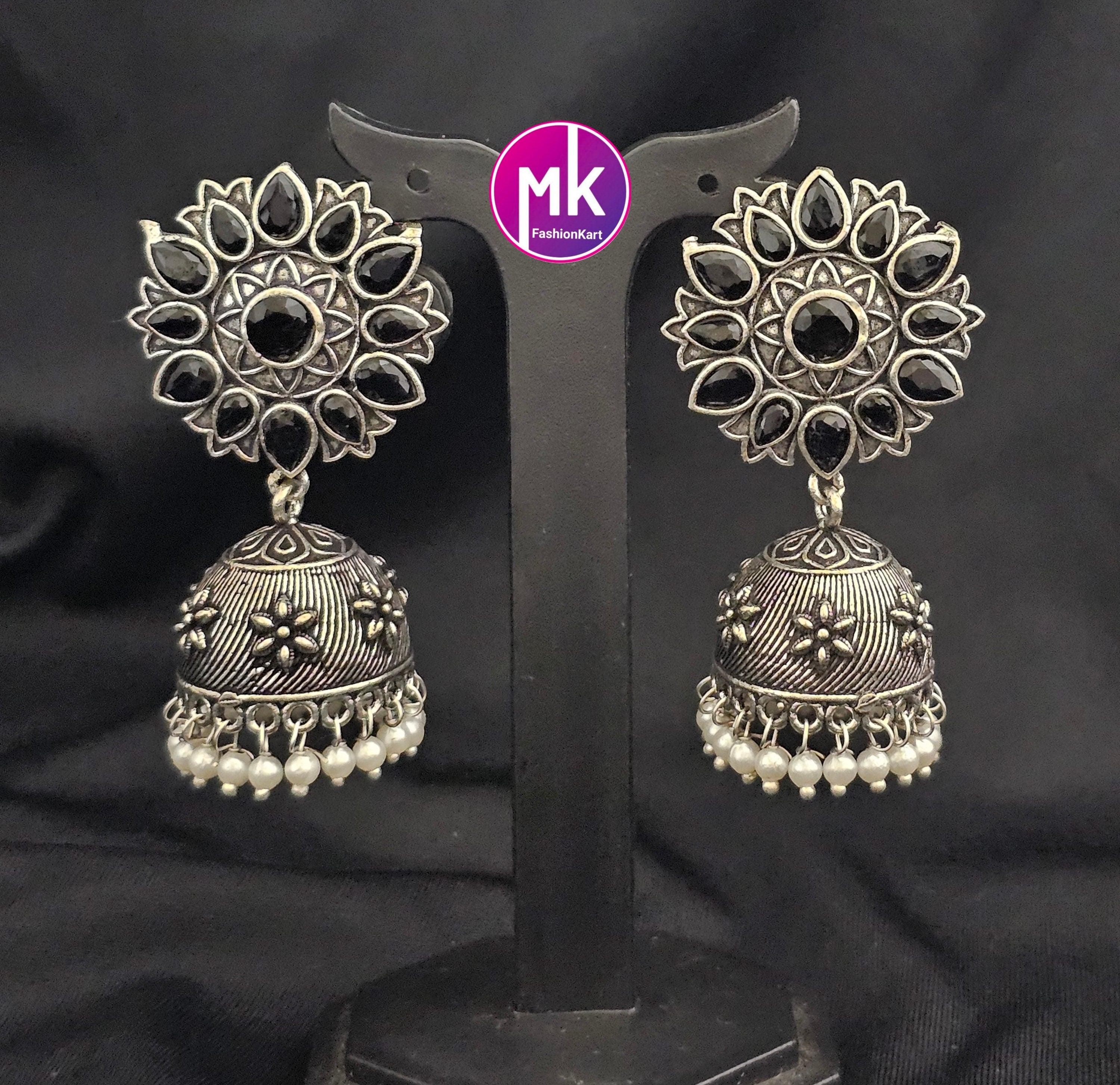 Silver Oxidized Black stones Jhumka with hanging black beads