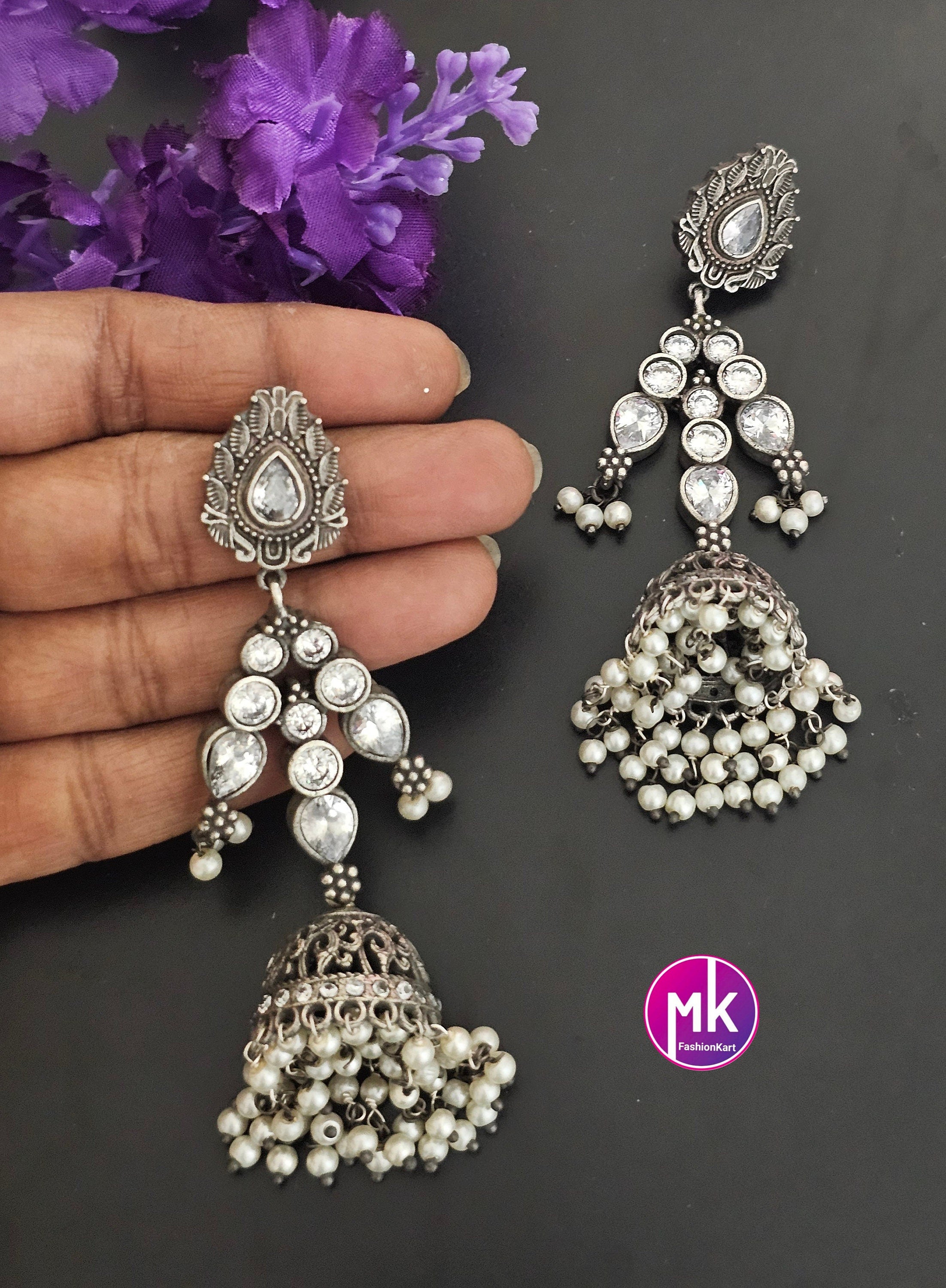 Premium Quality White stone German Silver lengthy Jhumka with hanging white pearls