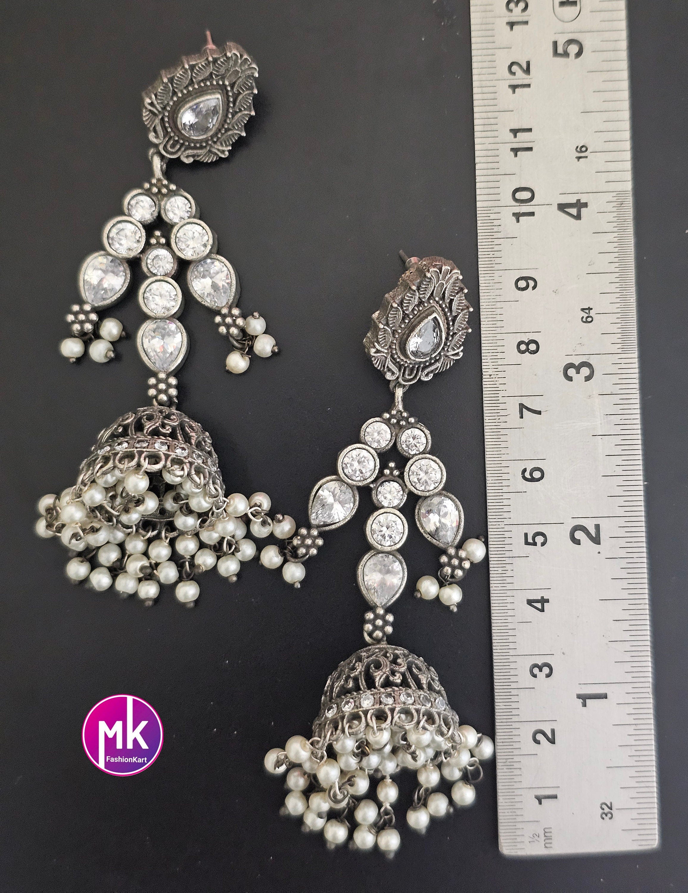 Premium Quality White stone German Silver lengthy Jhumka with hanging white pearls