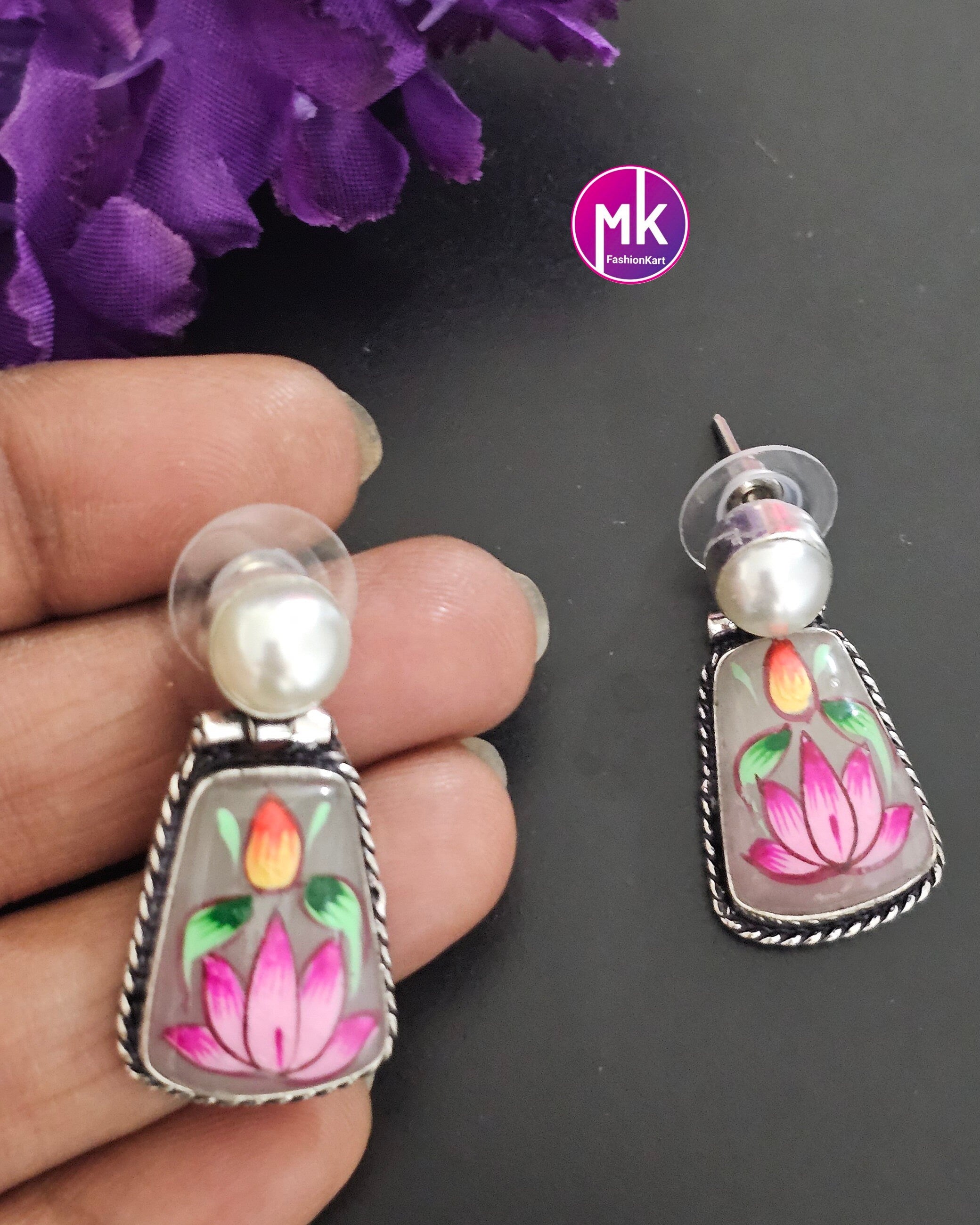 Silver Oxidized Floral design Earrings with white pearl