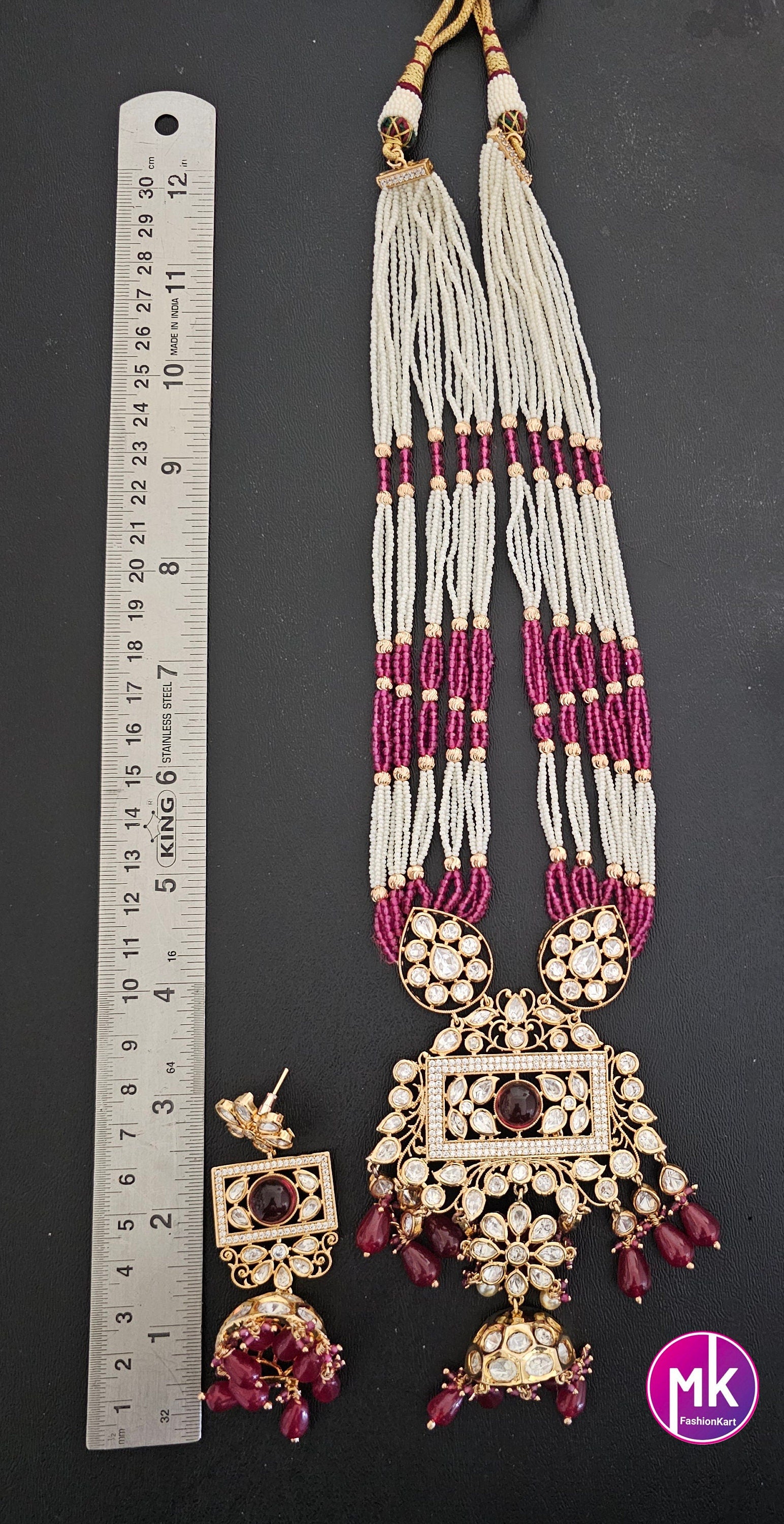 Premium Quality Gold polish Kundan Polki Bridal Piroyi pearl Mala with Beautiful long polki Earrings