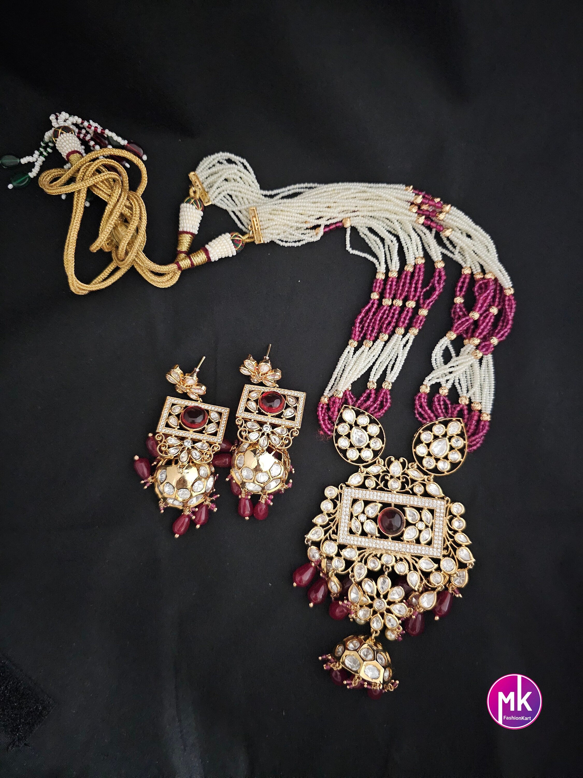 Premium Quality Gold polish Kundan Polki Bridal Piroyi pearl Mala with Beautiful long polki Earrings