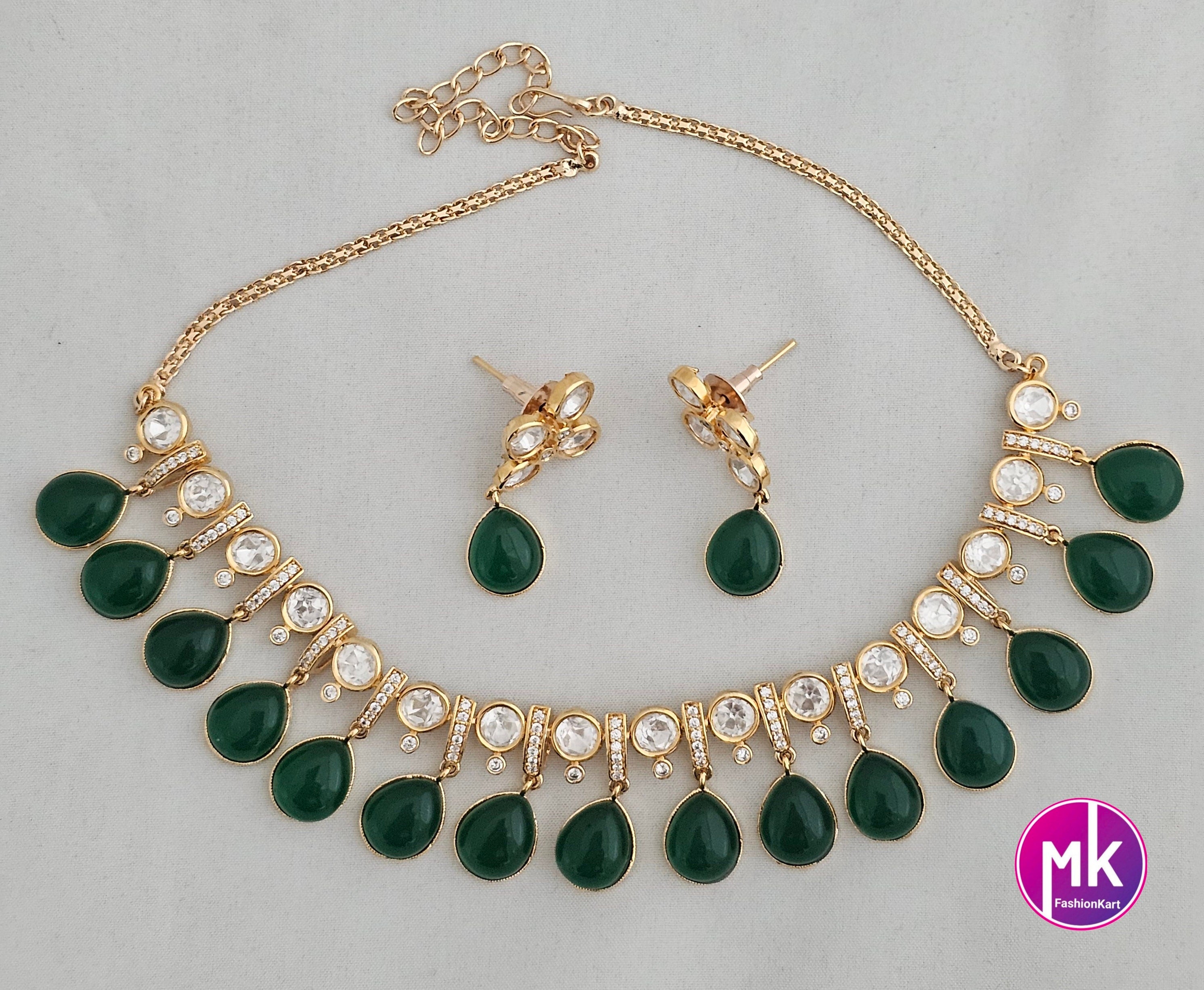 Polki stone Premium Quality Gold polish Necklace with Emerald Hangings and matching polki stone Emerald hanging Earrings