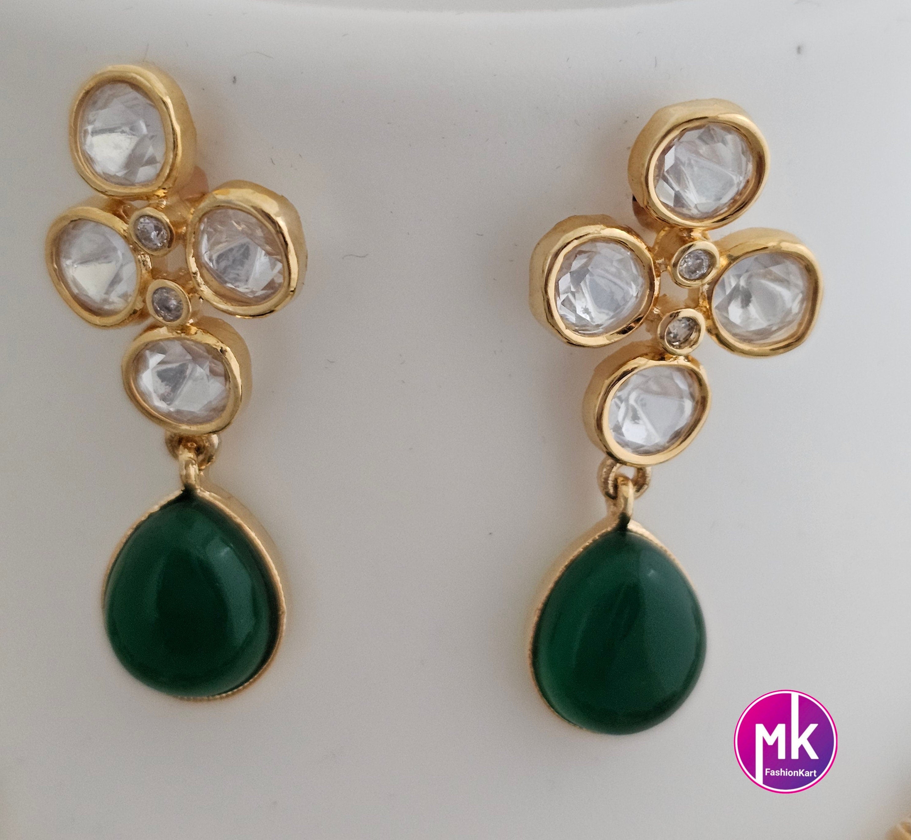 Polki stone Premium Quality Gold polish Necklace with Emerald Hangings and matching polki stone Emerald hanging Earrings