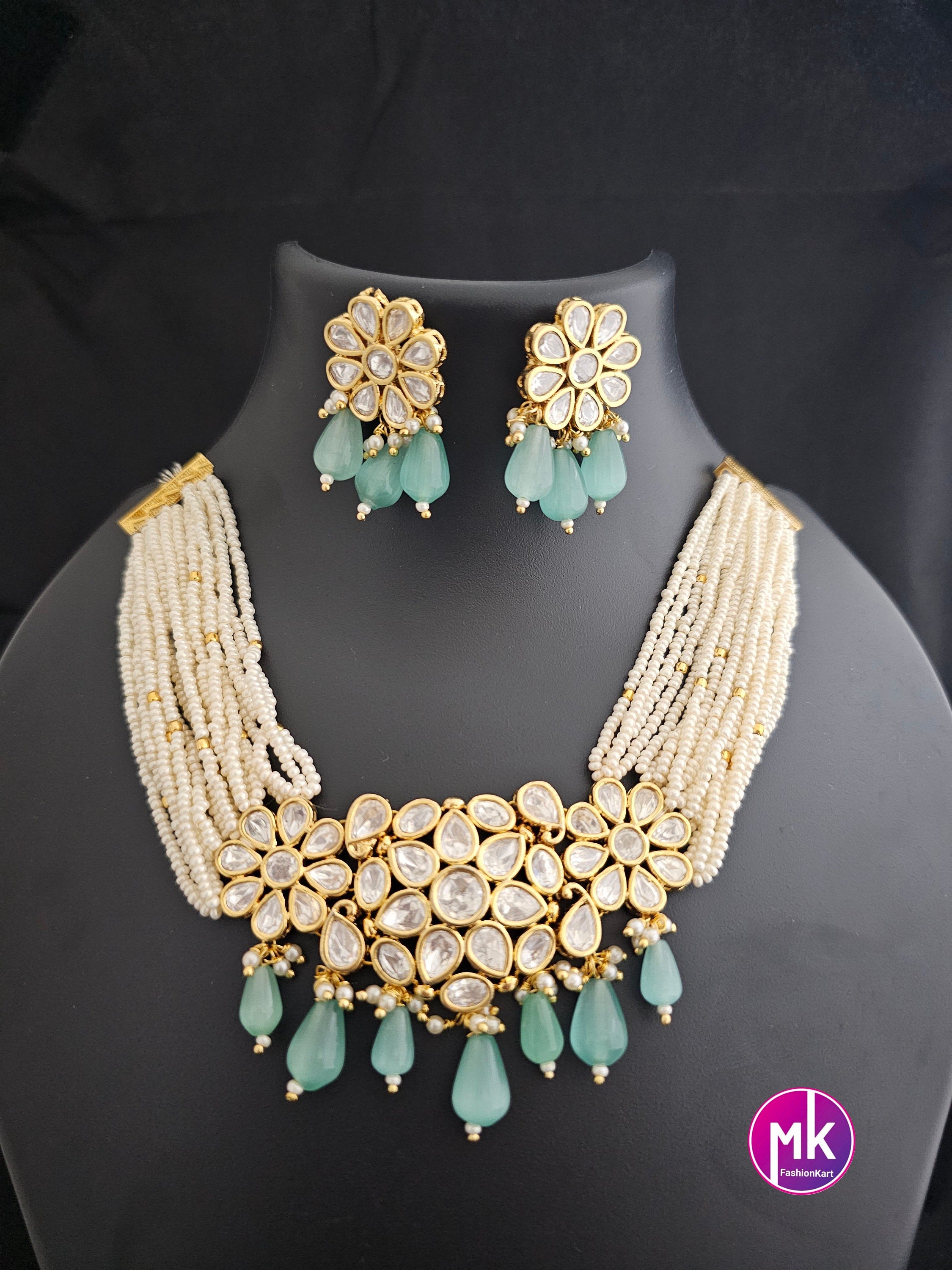 Premium Quality Gold polish Kundan Polki Bridal Choker with hanging monalisa beads with Beautiful polki Earrings