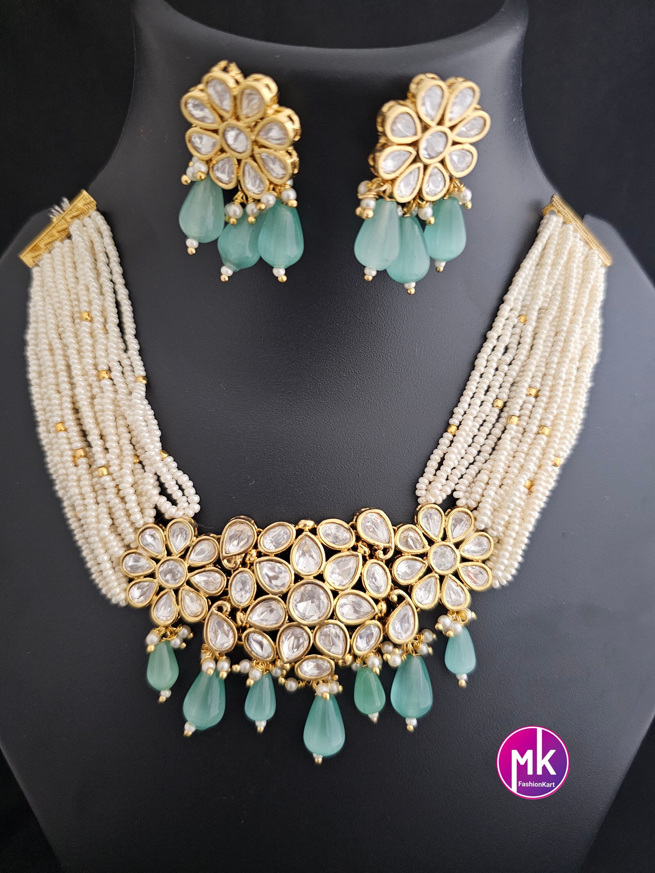 Premium Quality Gold polish Kundan Polki Bridal Choker with hanging monalisa beads with Beautiful polki Earrings