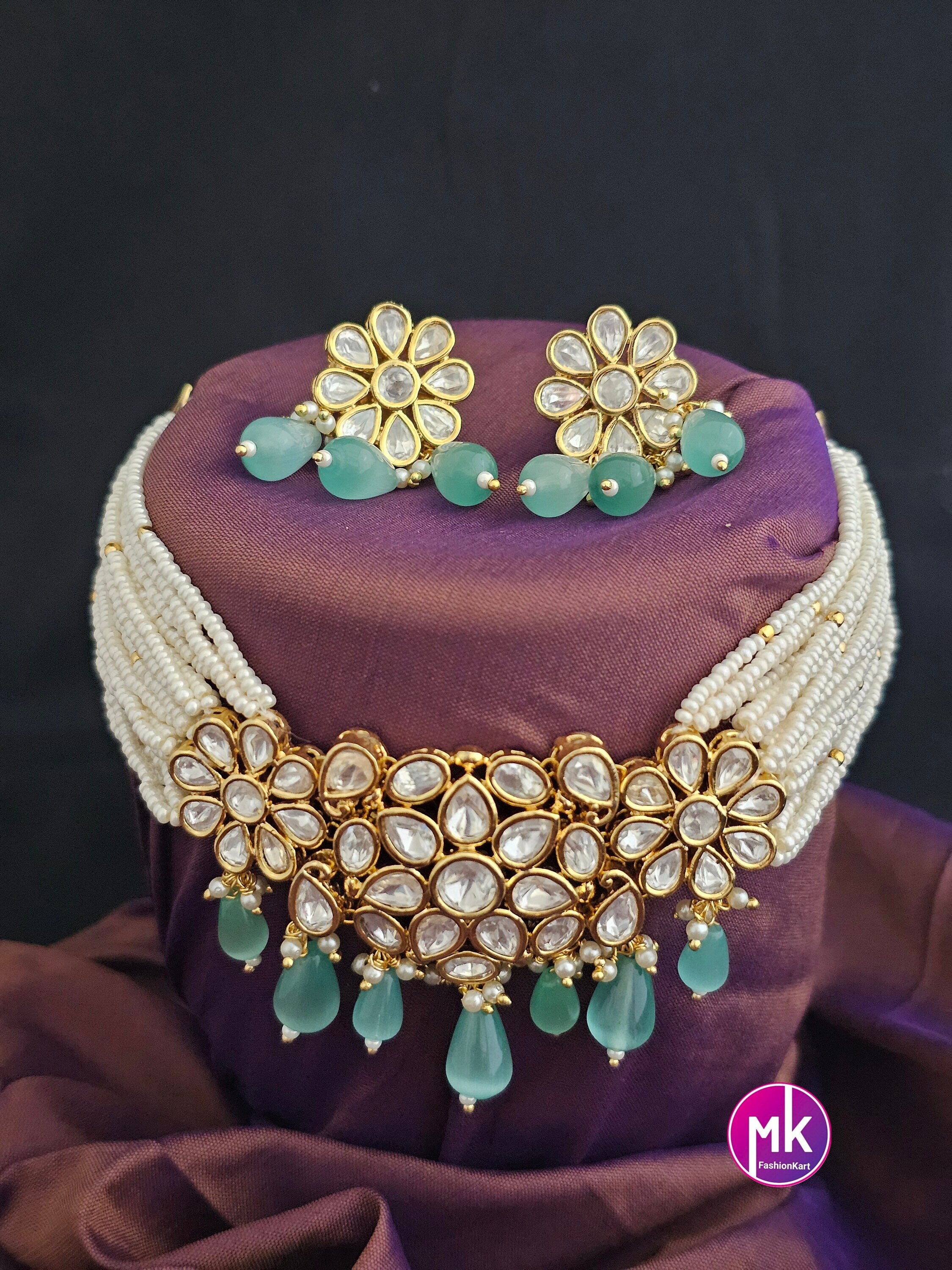 Premium Quality Gold polish Kundan Polki Bridal Choker with hanging monalisa beads with Beautiful polki Earrings