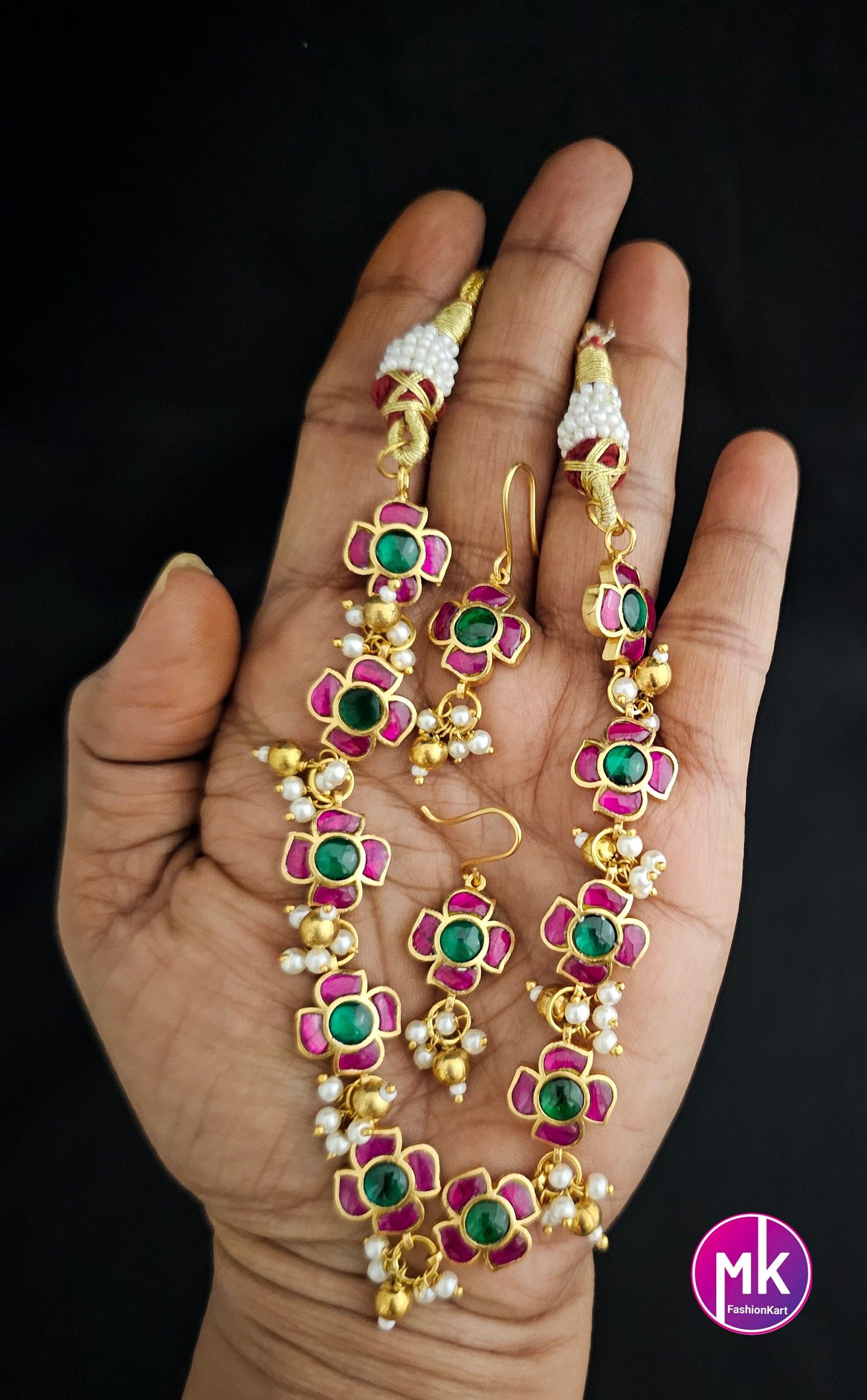 Jadau Kundan Flower Premium Quality Gold finish Bridal Choker with Flower Earrings