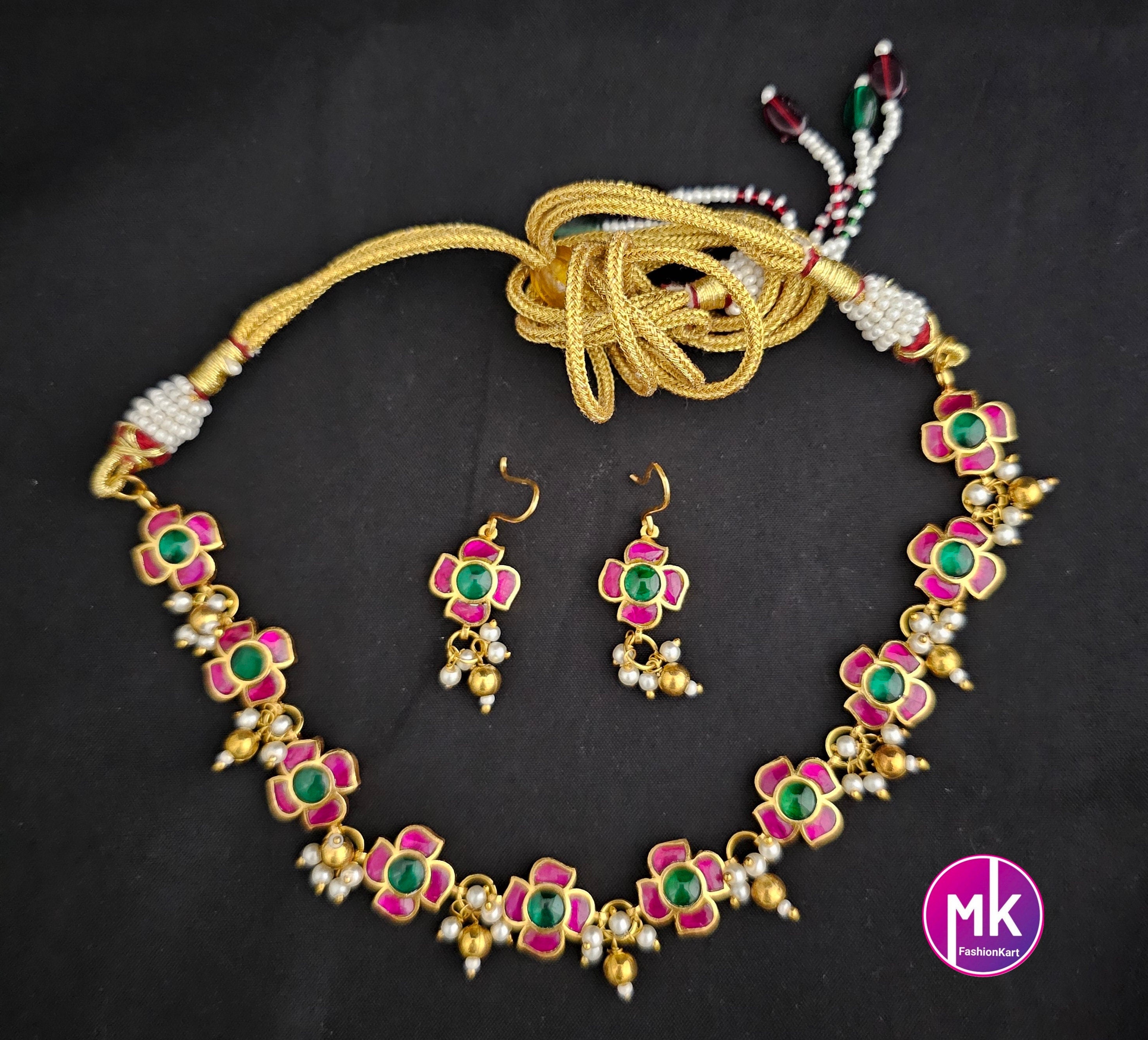 Jadau Kundan Flower Premium Quality Gold finish Bridal Choker with Flower Earrings