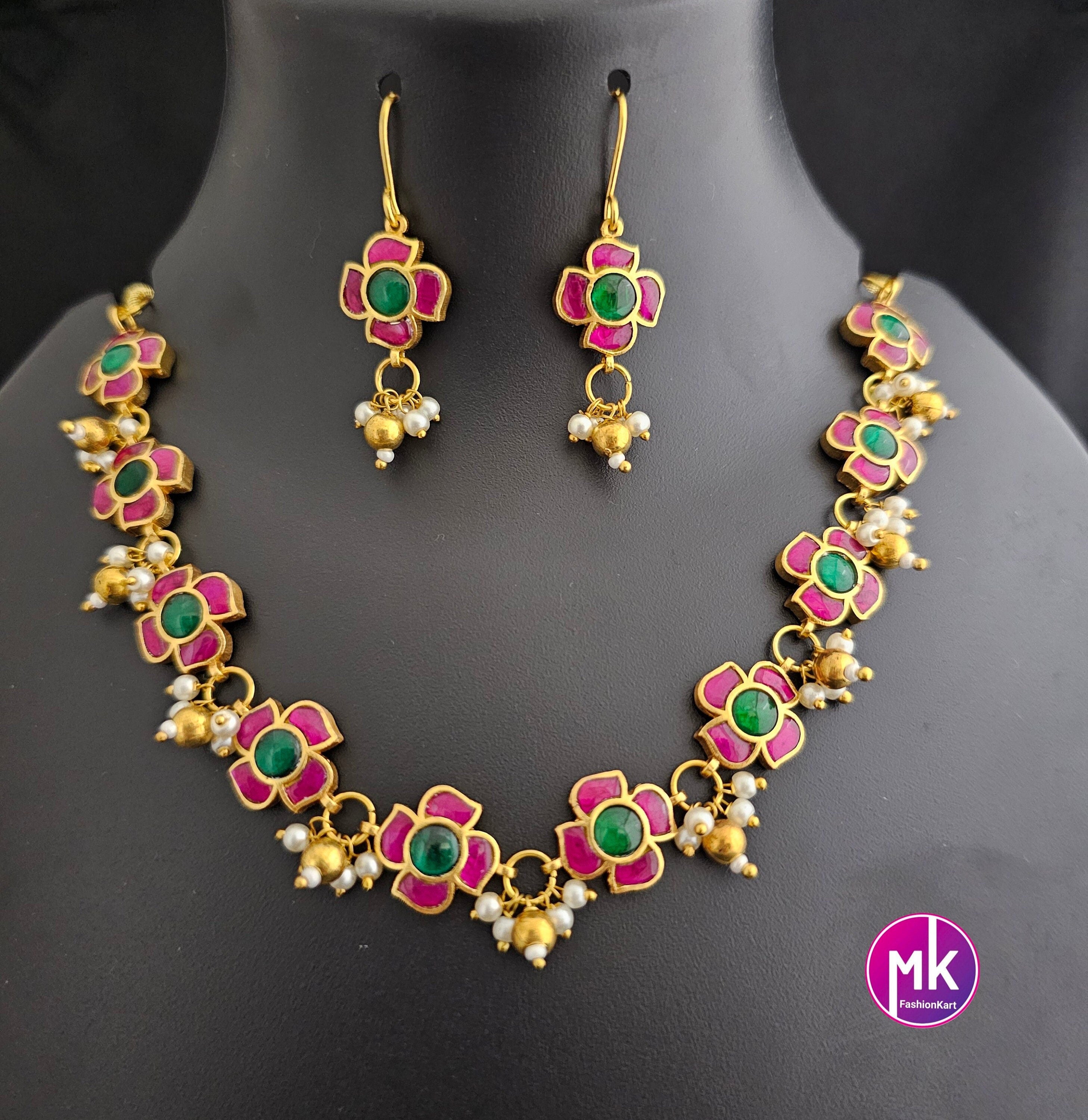 Jadau Kundan Flower Premium Quality Gold finish Bridal Choker with Flower Earrings