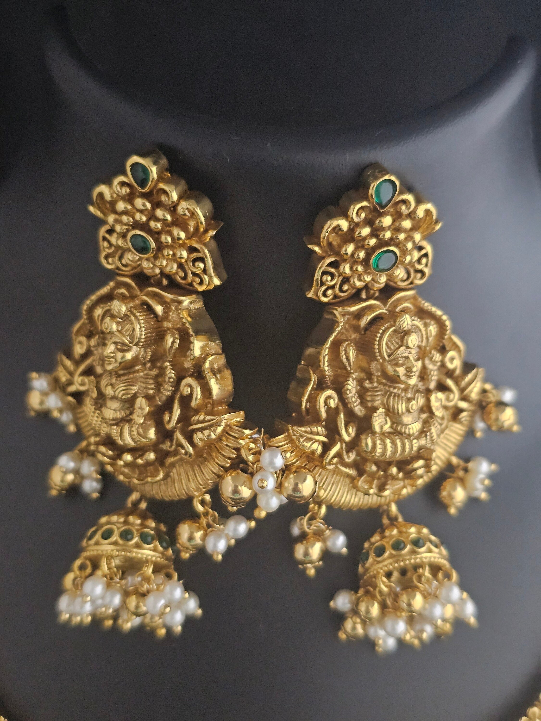 Bridal Lakshmi Premium quality Kemp stone - Gold Jewelry Replica - Necklace with Big Earrings
