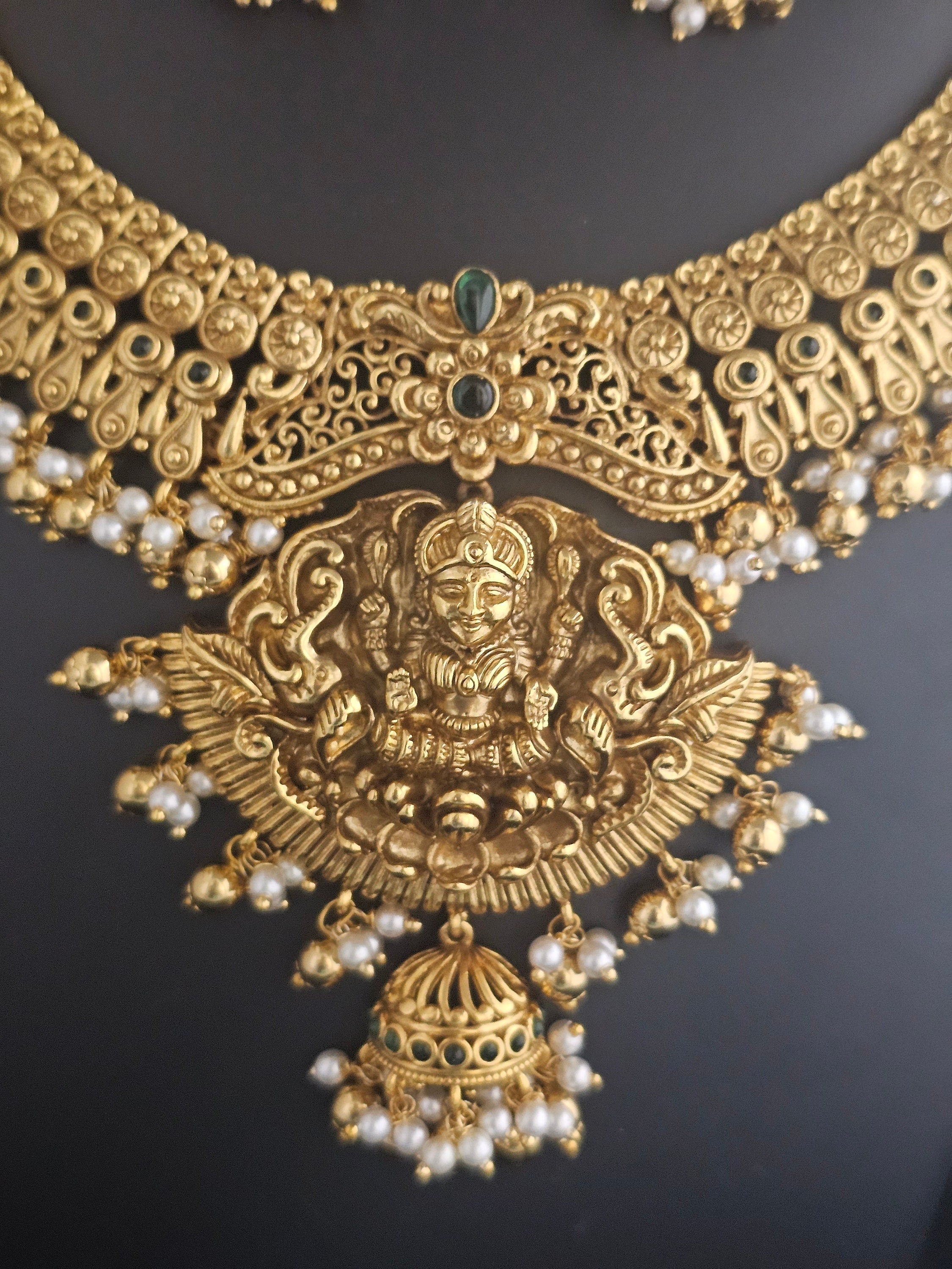 Bridal Lakshmi Premium quality Kemp stone - Gold Jewelry Replica - Necklace with Big Earrings