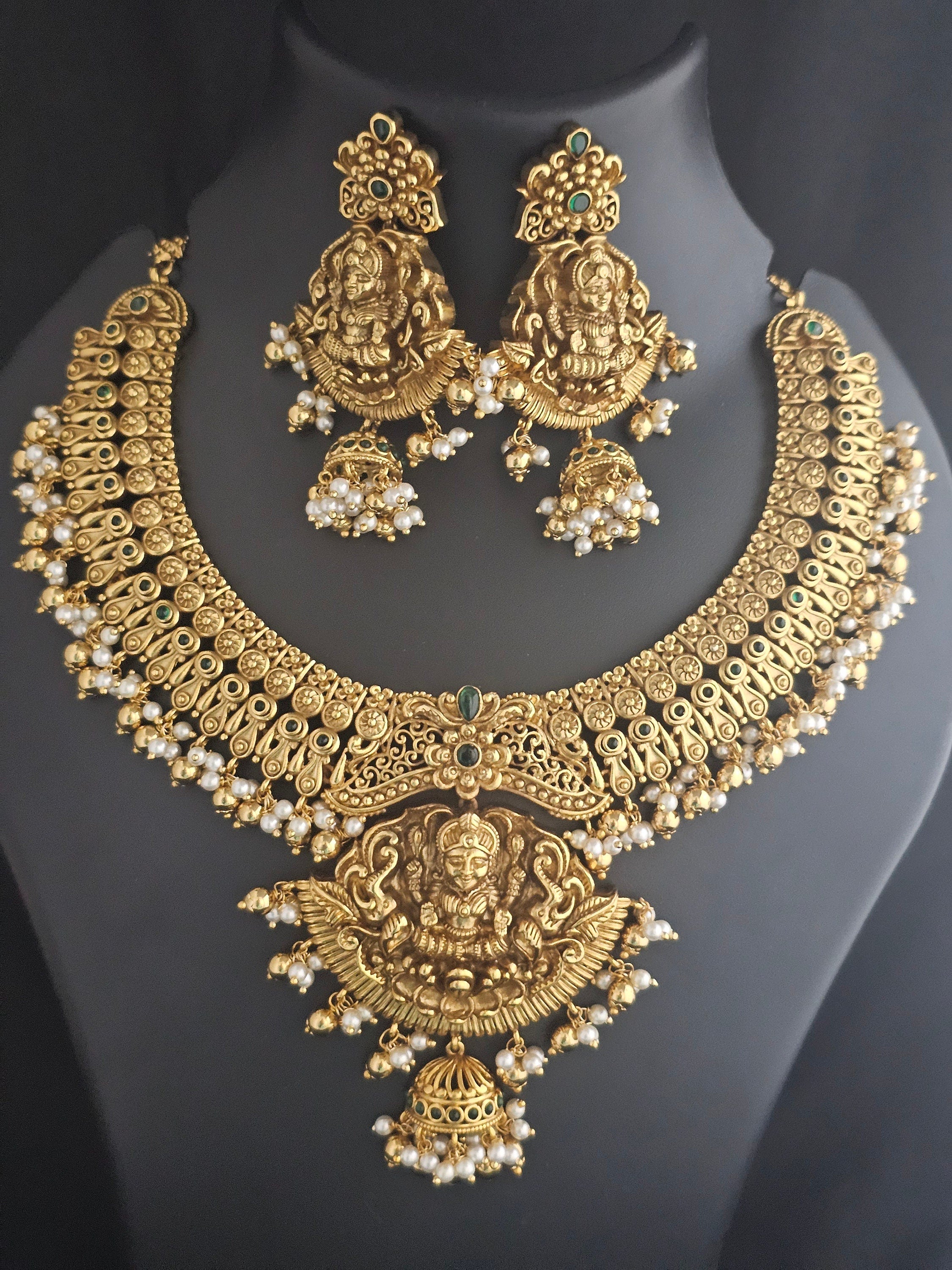Bridal Lakshmi Premium quality Kemp stone - Gold Jewelry Replica - Necklace with Big Earrings