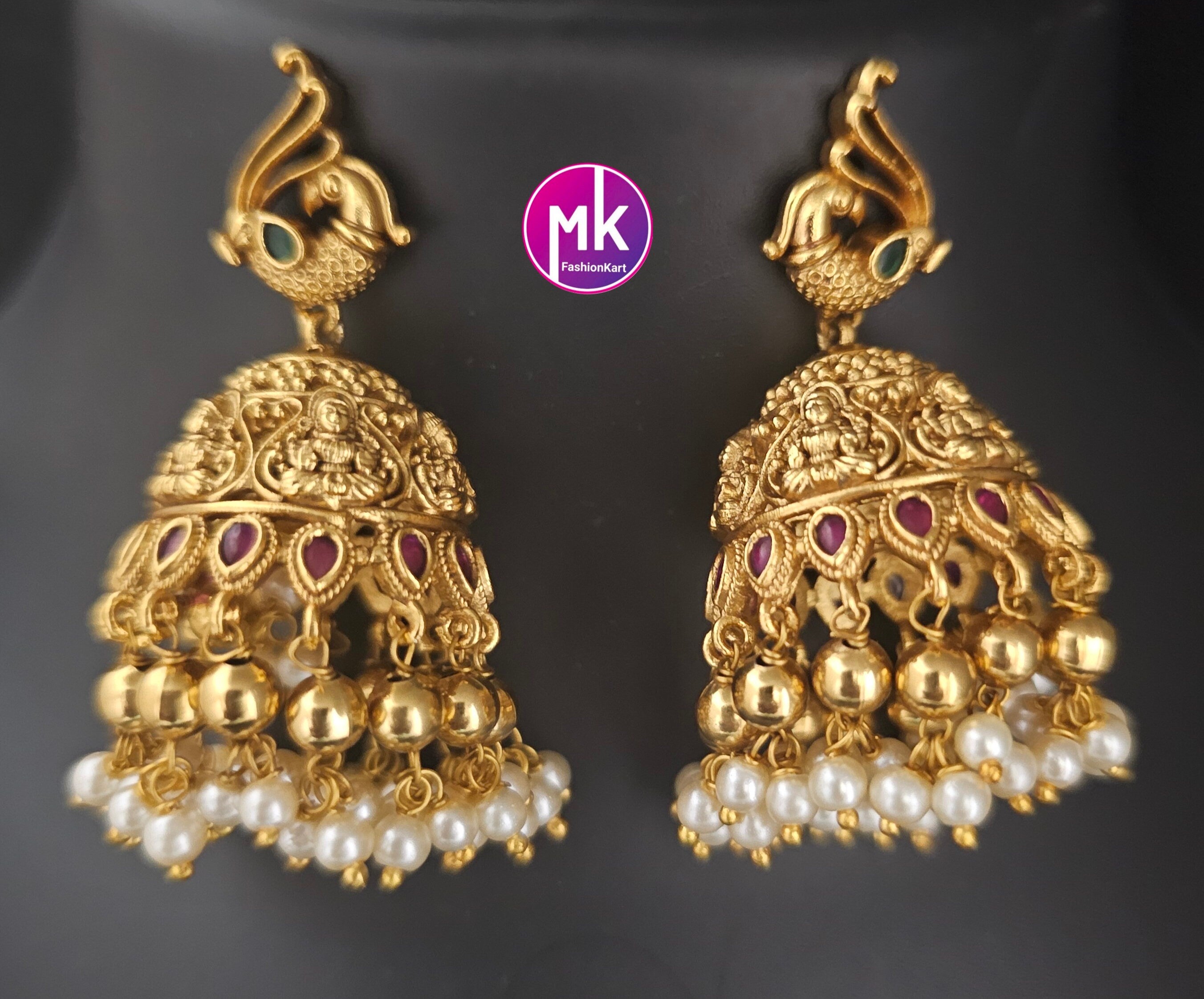 Lakshmi Peacock design Premium quality Gold Jewelry Replica Haram with big pendent with matching Big Jhumka - Bridal Haram