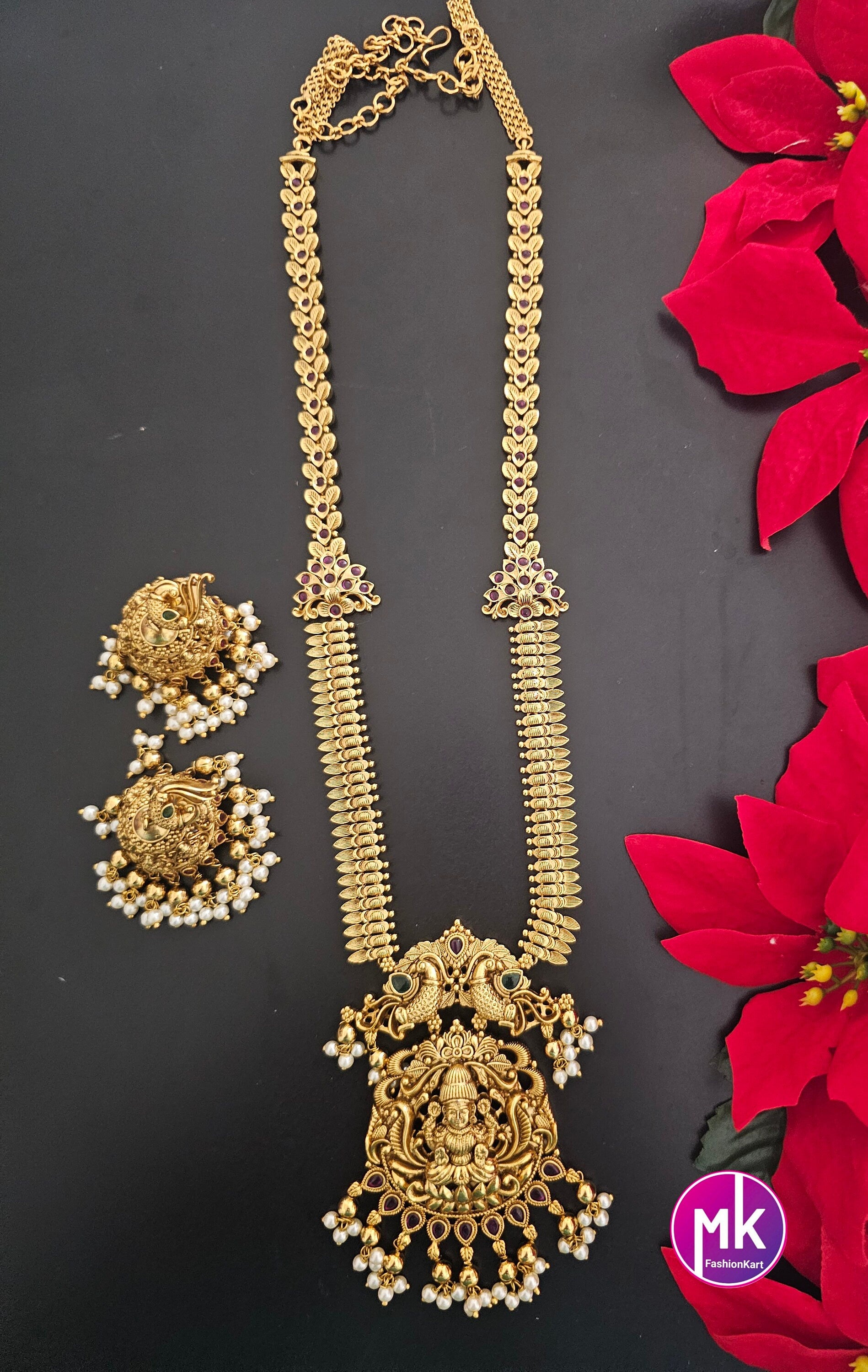 Lakshmi Peacock design Premium quality Gold Jewelry Replica Haram with big pendent with matching Big Jhumka - Bridal Haram