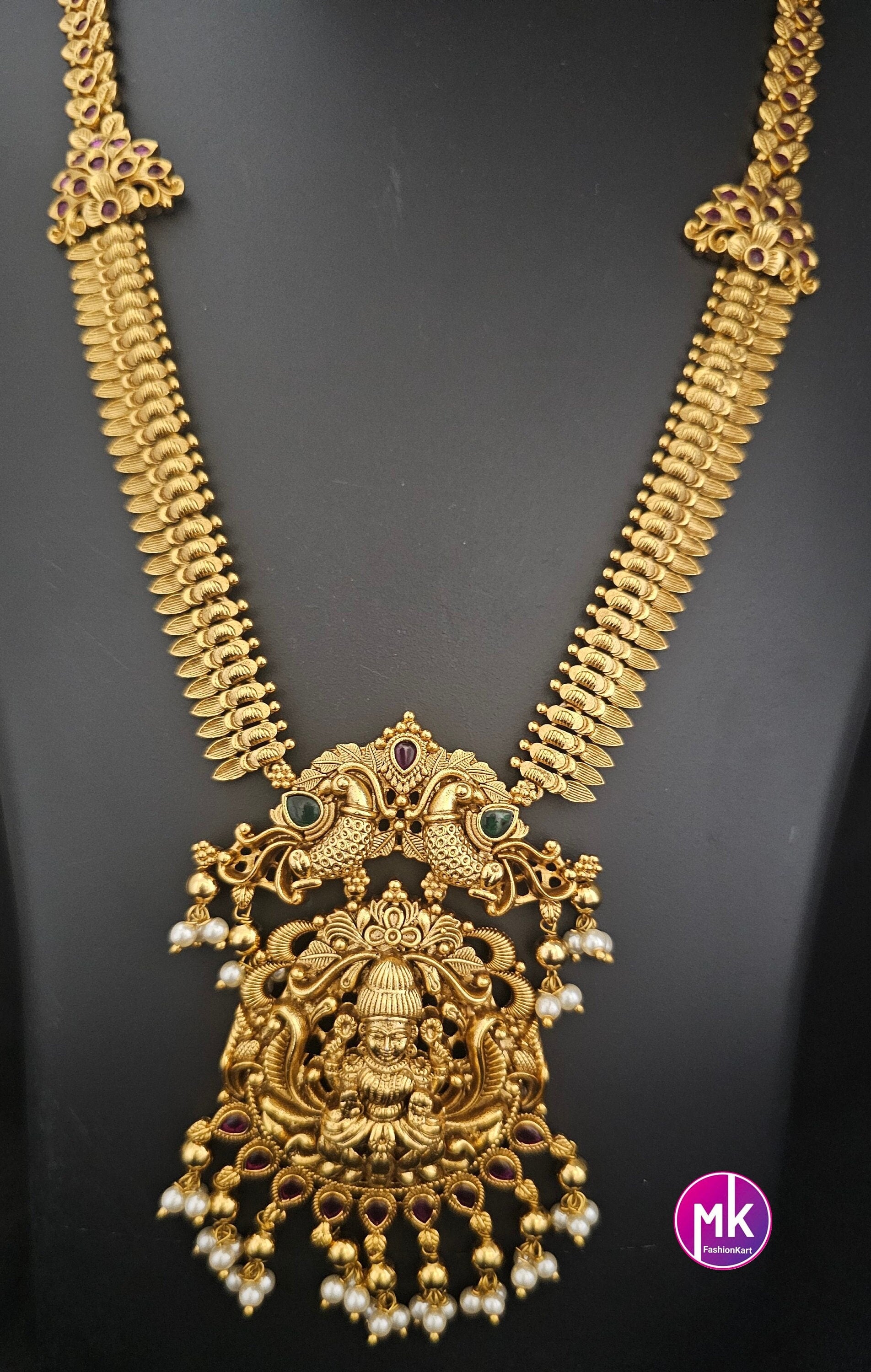 Lakshmi Peacock design Premium quality Gold Jewelry Replica Haram with big pendent with matching Big Jhumka - Bridal Haram