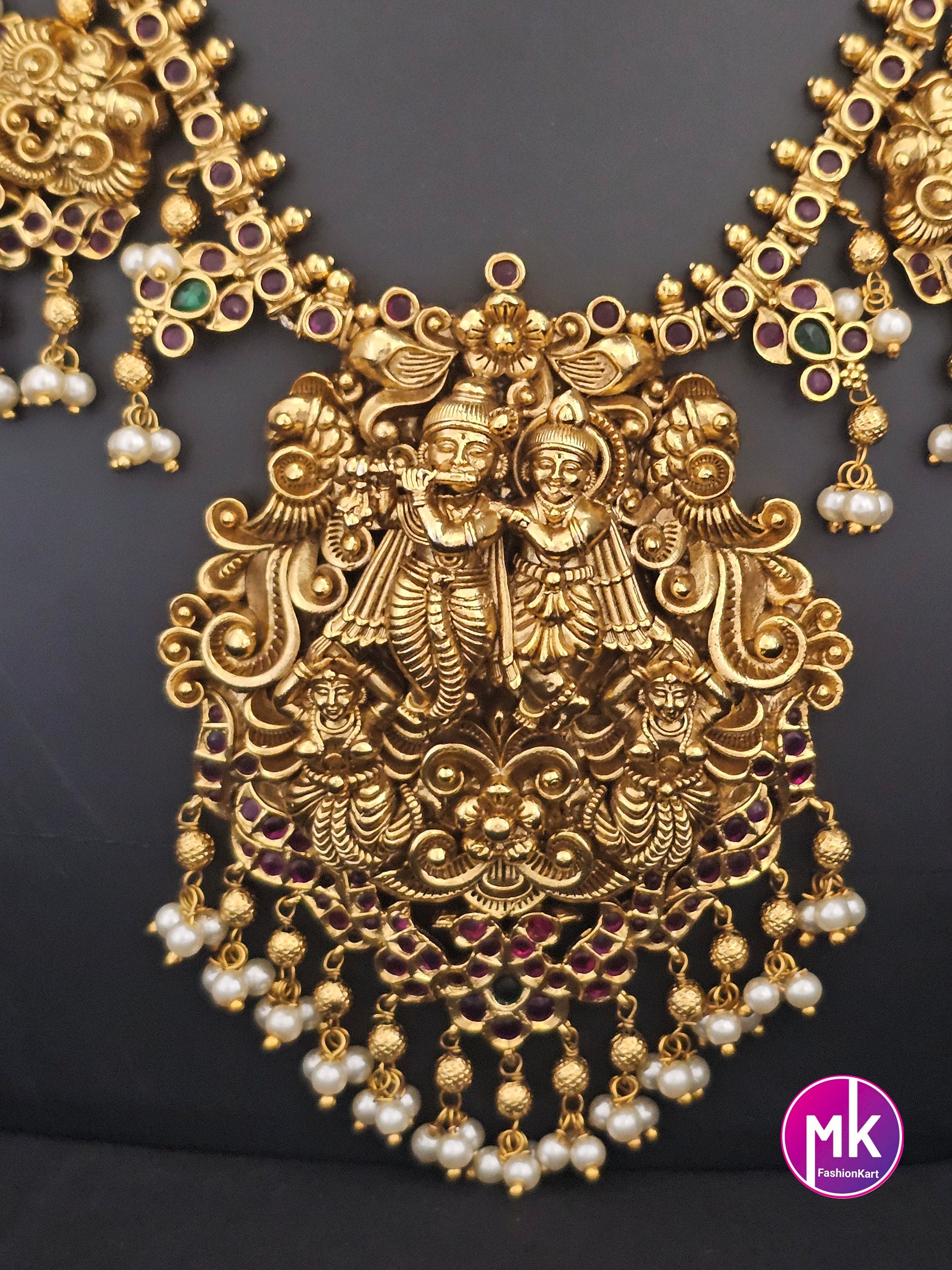 Beautiful Radhakrishna Premium quality Gold Jewelry Replica Haram with big pendent with matching Big Jhumka - Bridal Haram