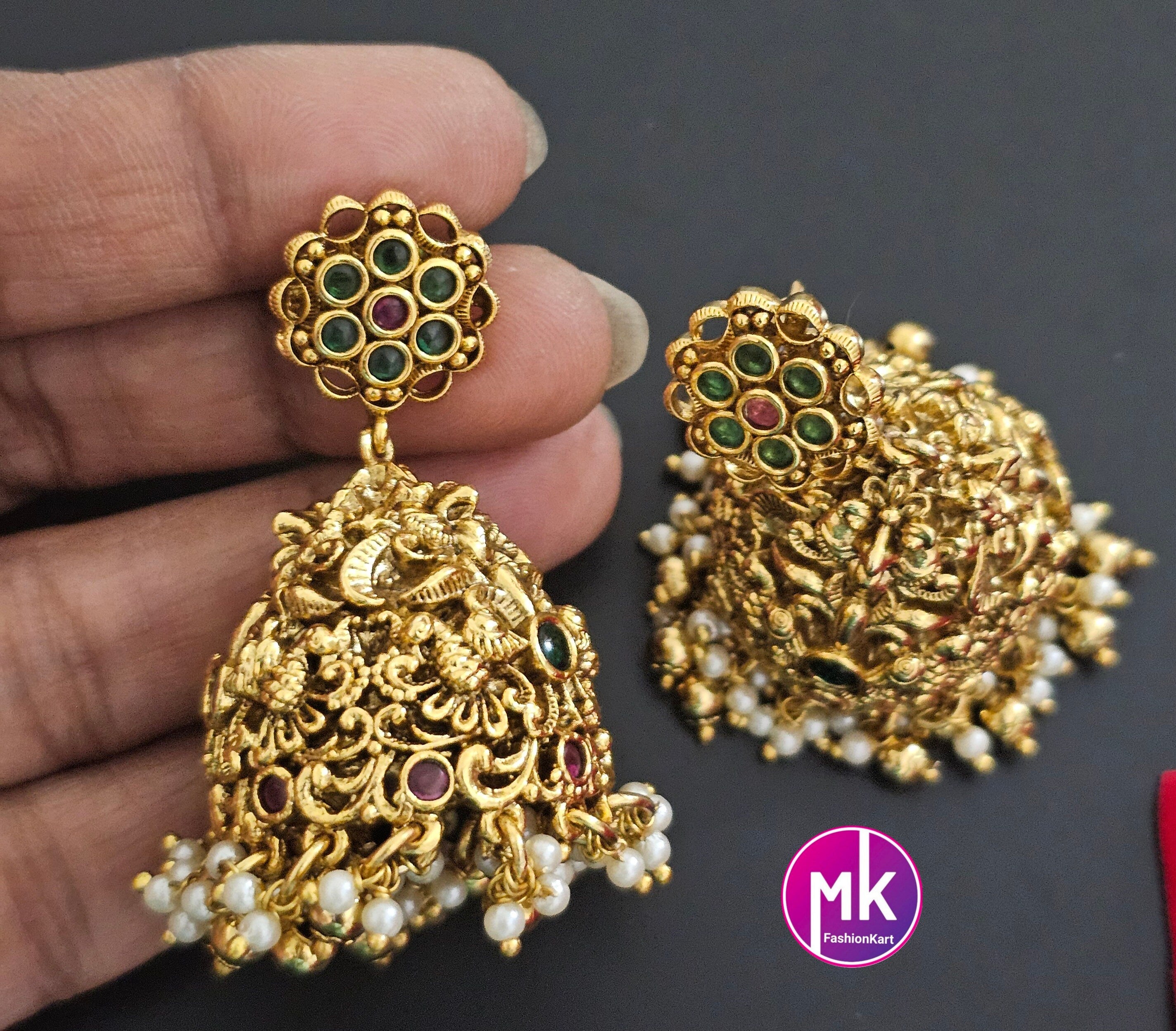 Beautiful Radhakrishna Premium quality Gold Jewelry Replica Haram with big pendent with matching Big Jhumka - Bridal Haram