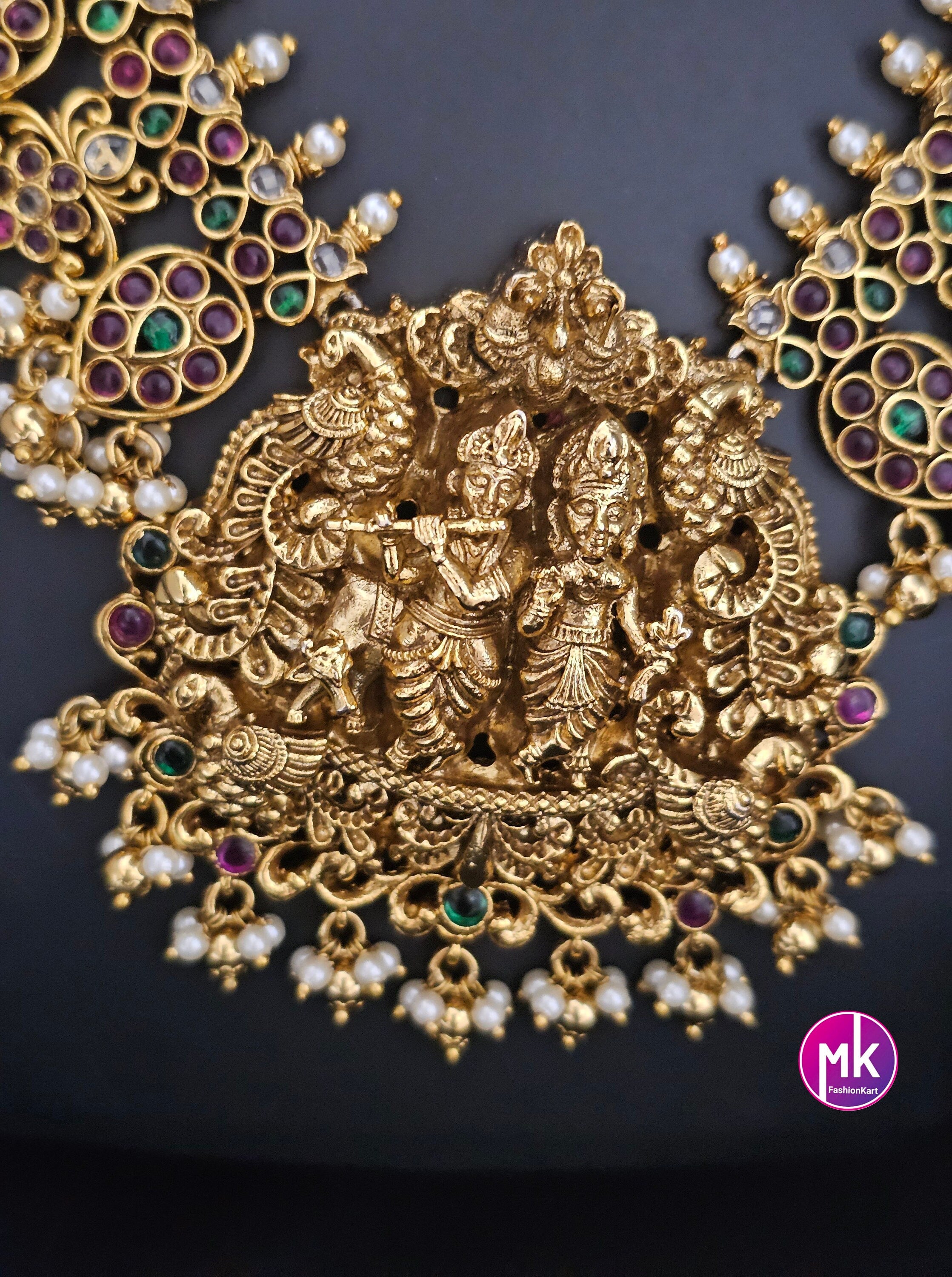 Beautiful Radhakrishna Premium quality Gold Jewelry Replica Haram with big pendent with matching Big Jhumka - Bridal Haram