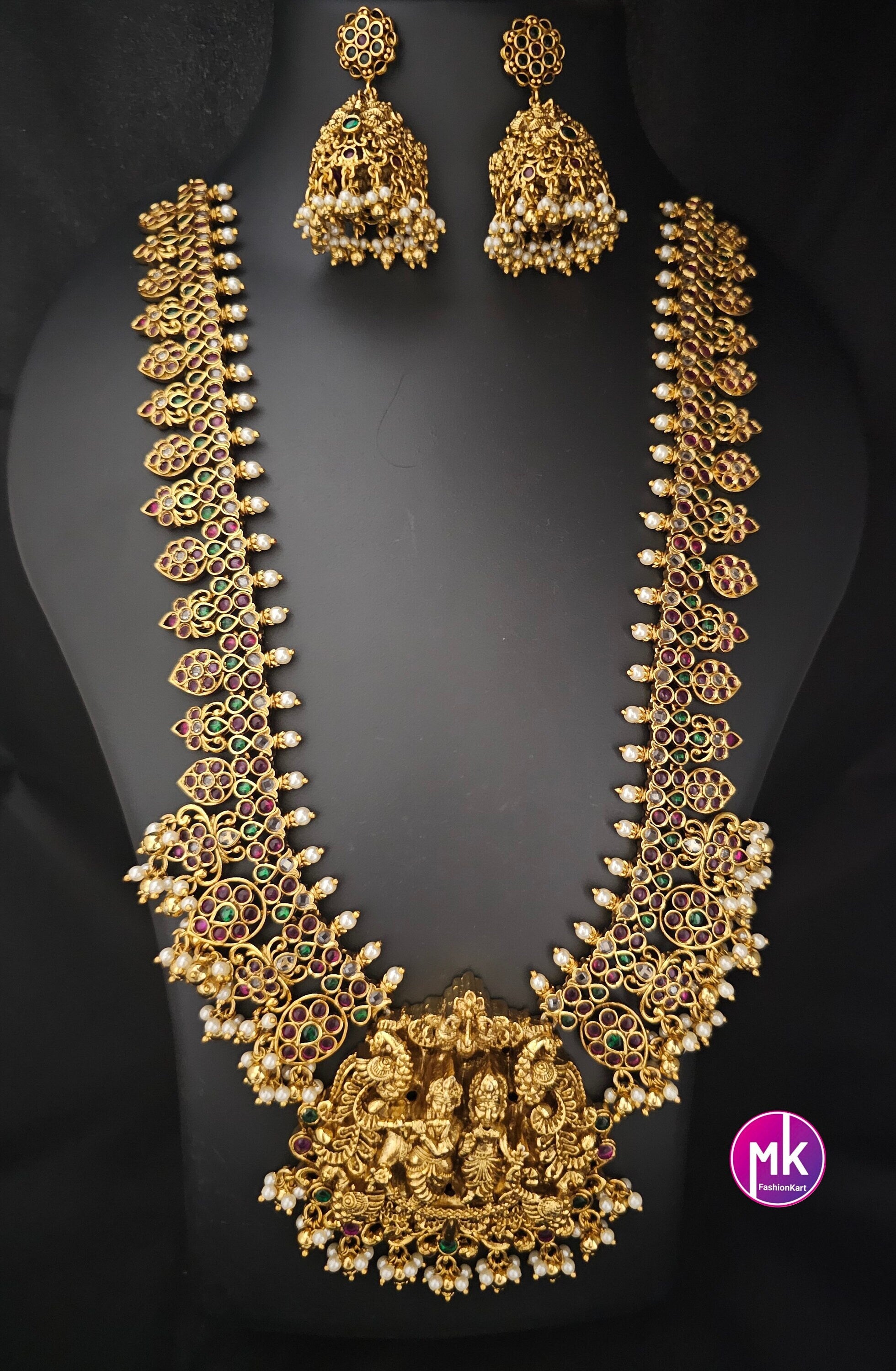 Beautiful Radhakrishna Premium quality Gold Jewelry Replica Haram with big pendent with matching Big Jhumka - Bridal Haram