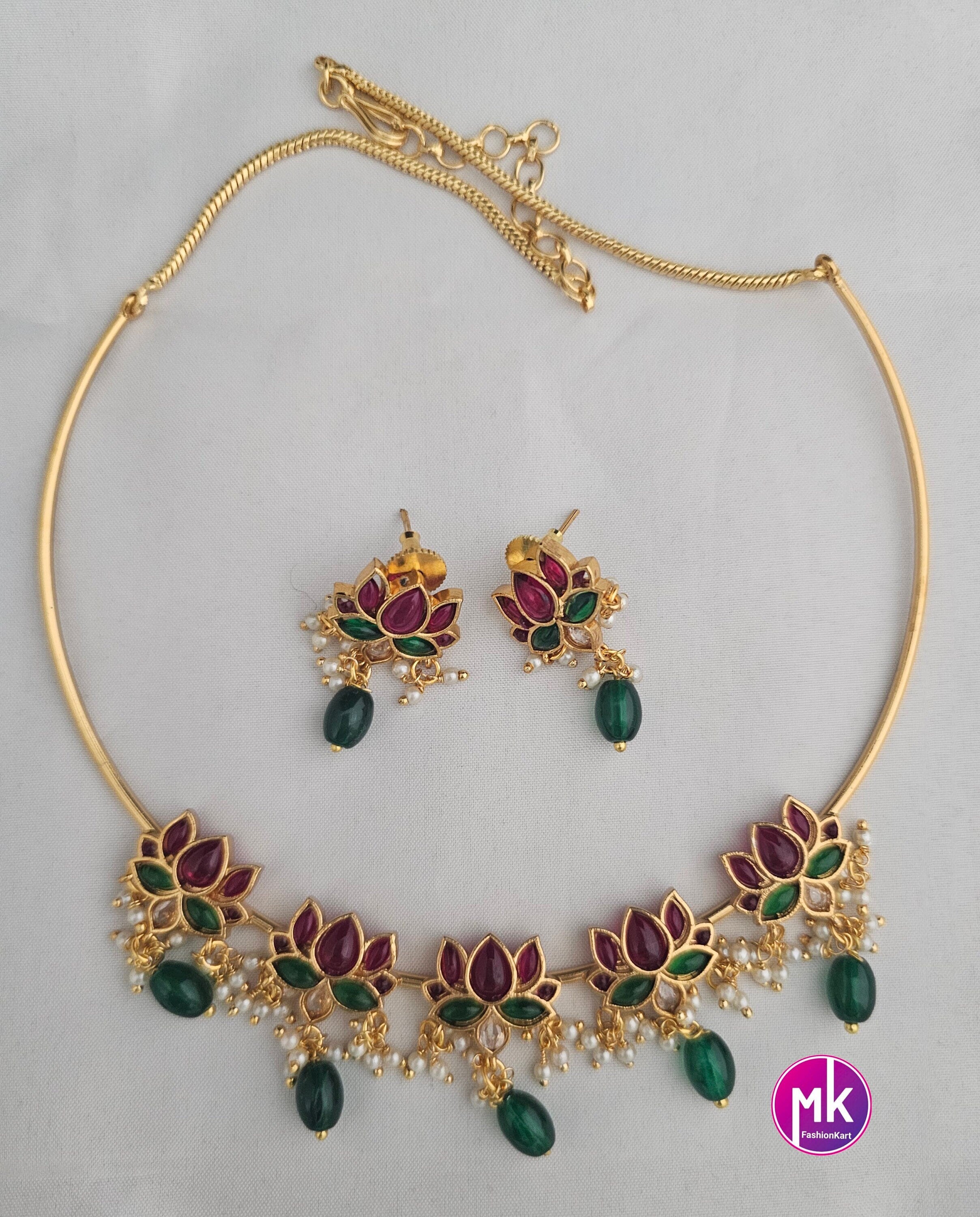 Premium Quality Matte finish Lotus design Necklace with Beautiful matching Earrings