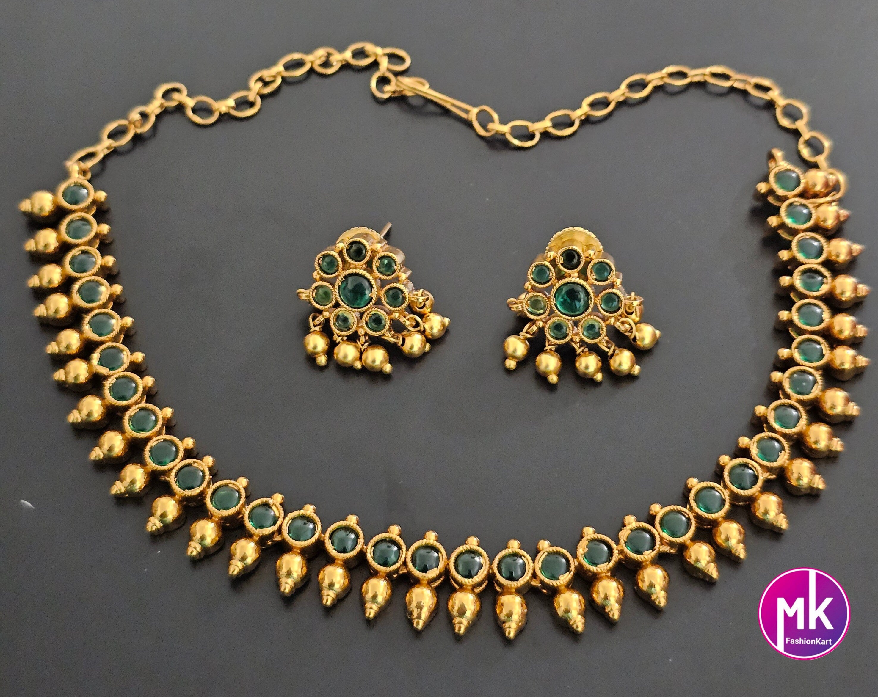 Green AD Stone Cute small gold finish necklace with matching Earrings
