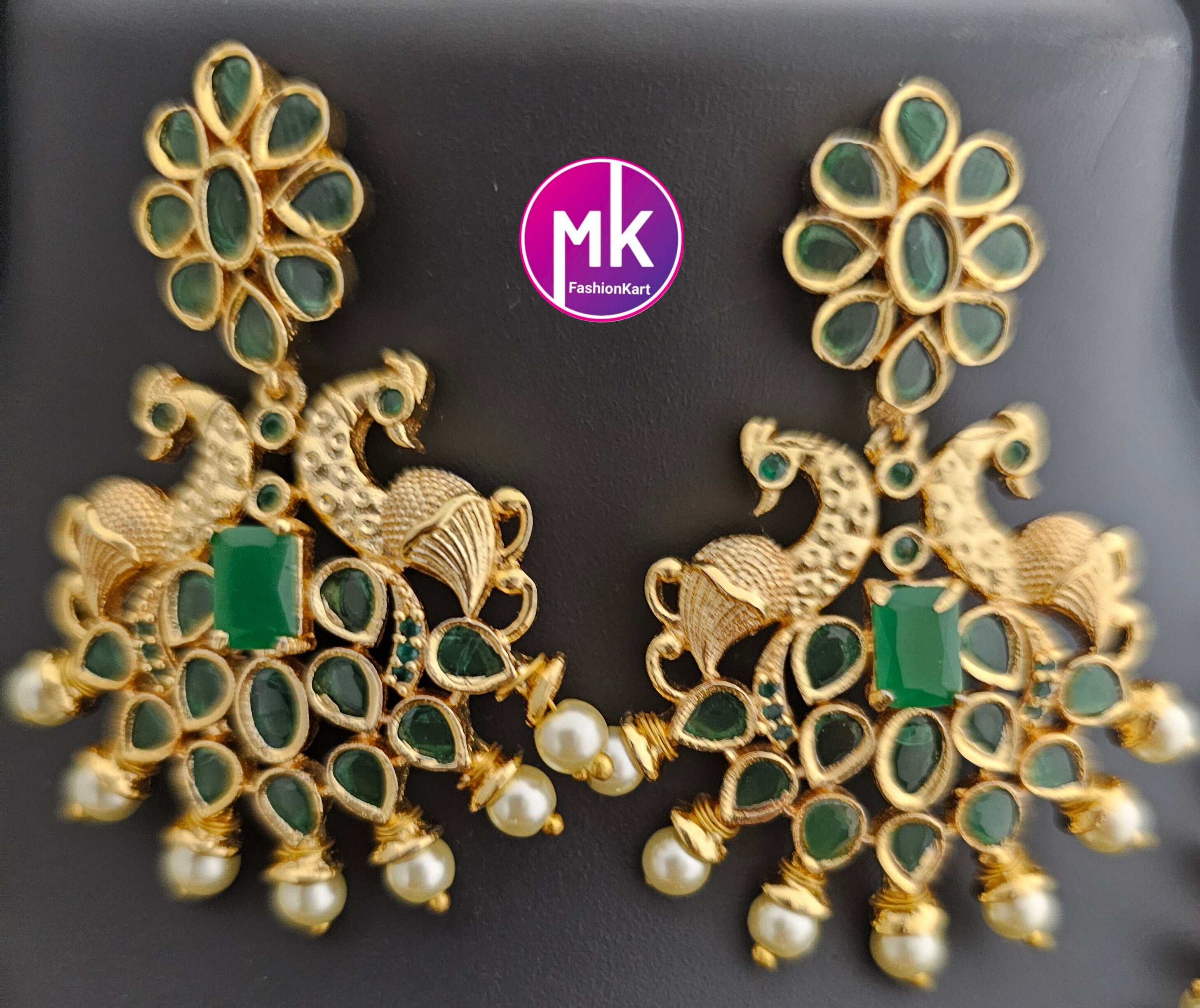 Ramparivar with Peacock Design Gold Polish Emerald stone Necklace with matching Earrings - Gold Jewelry Replica