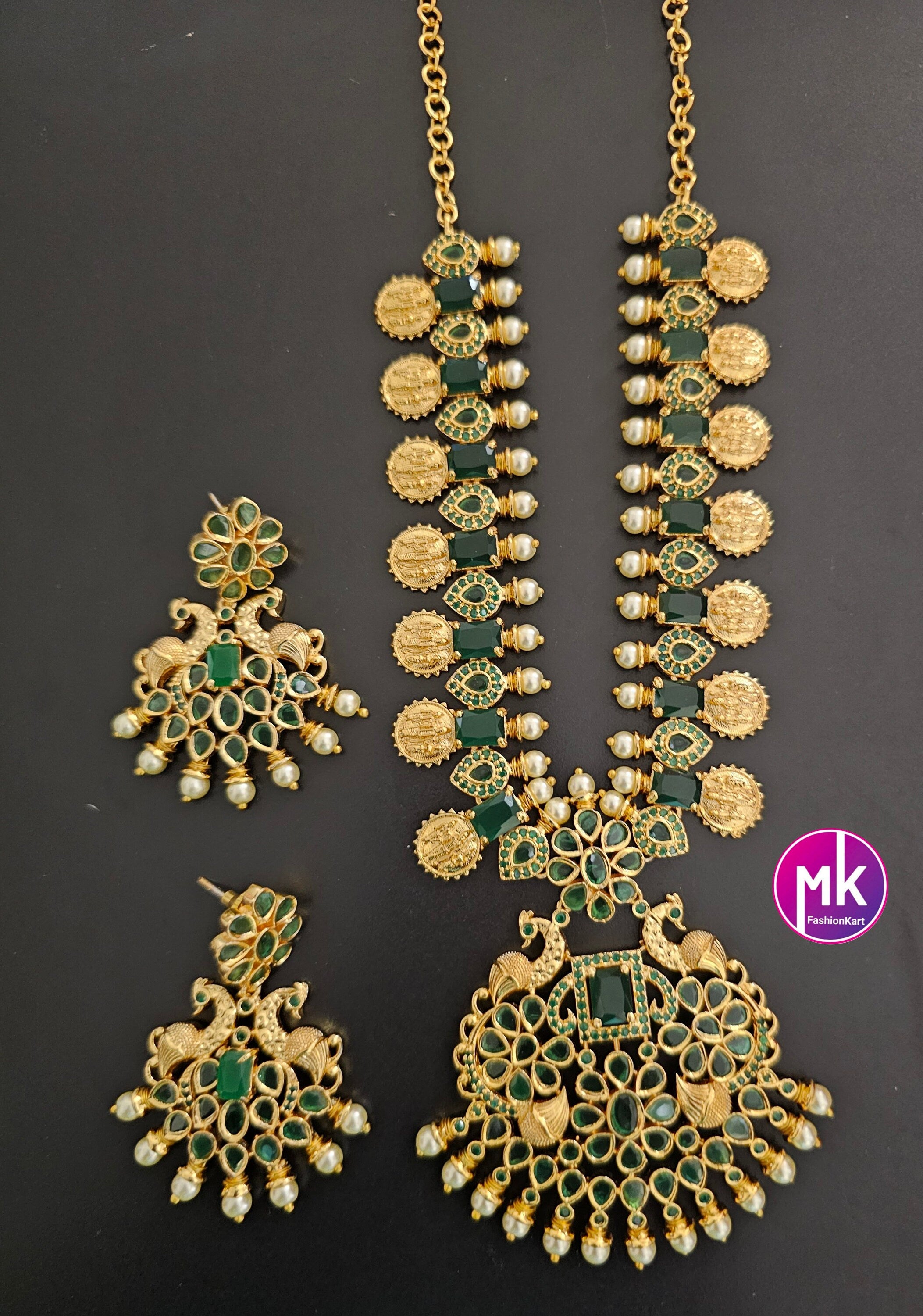 Ramparivar with Peacock Design Gold Polish Emerald stone Necklace with matching Earrings - Gold Jewelry Replica