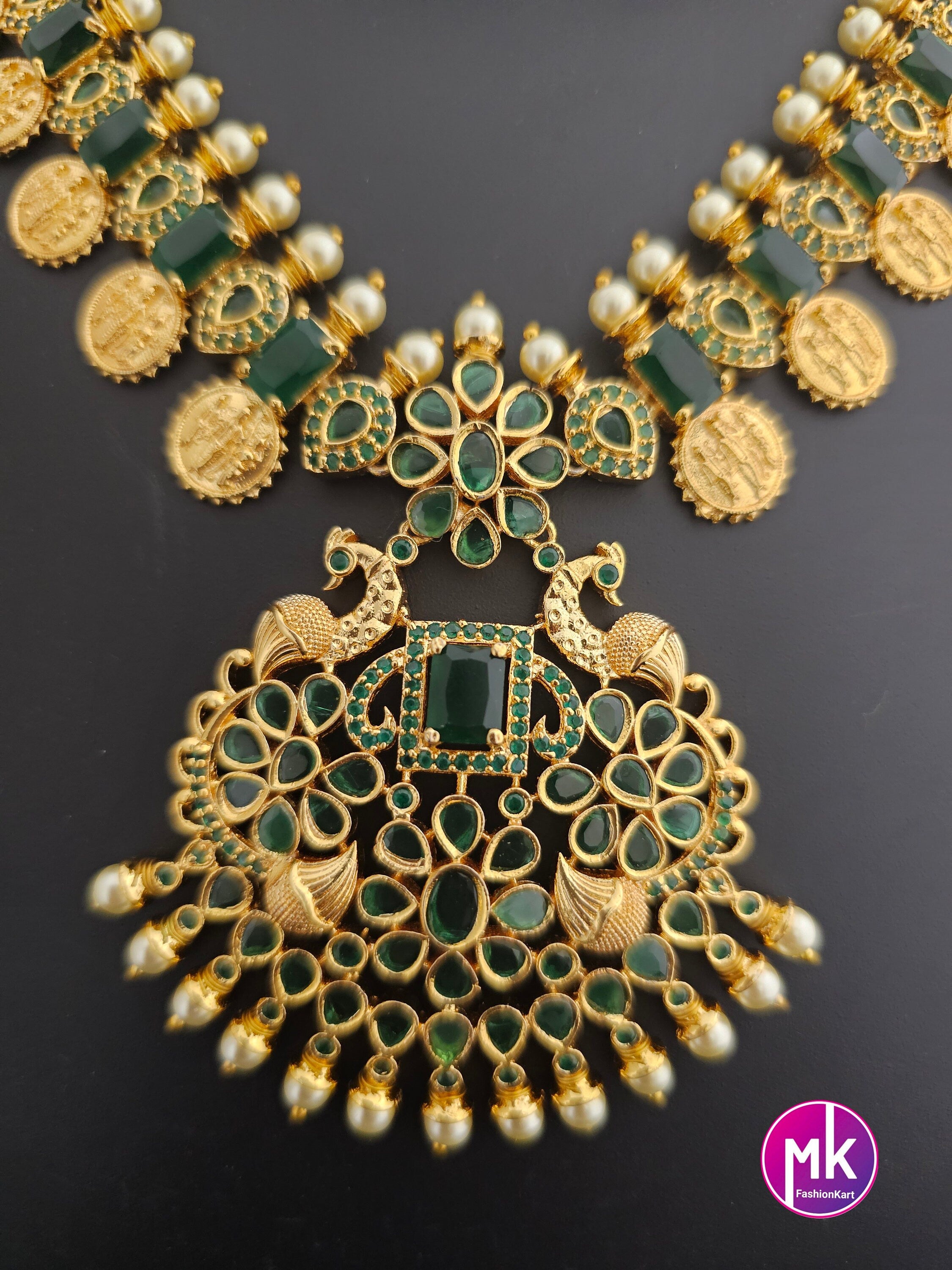 Ramparivar with Peacock Design Gold Polish Emerald stone Necklace with matching Earrings - Gold Jewelry Replica