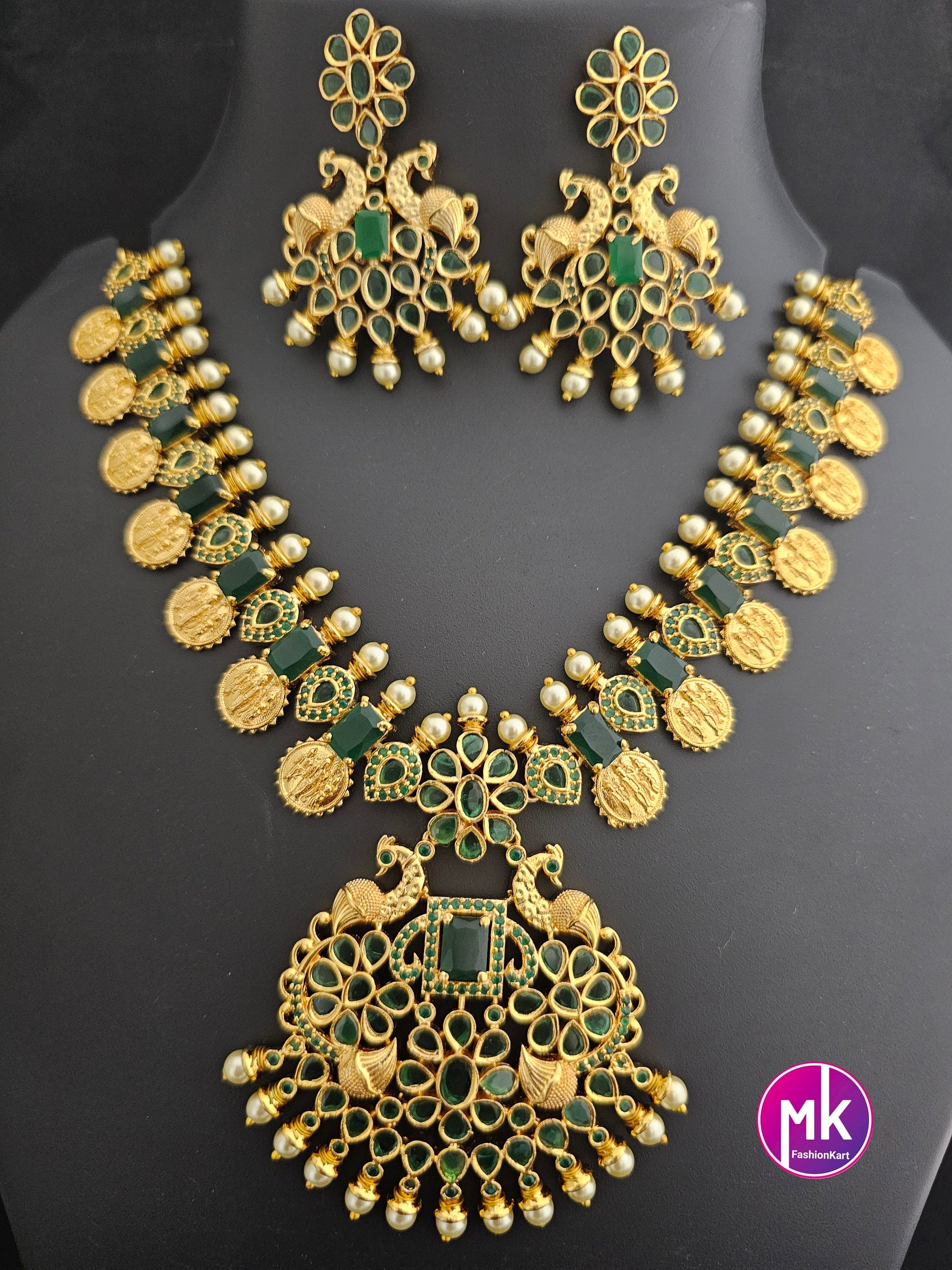 Ramparivar with Peacock Design Gold Polish Emerald stone Necklace with matching Earrings - Gold Jewelry Replica