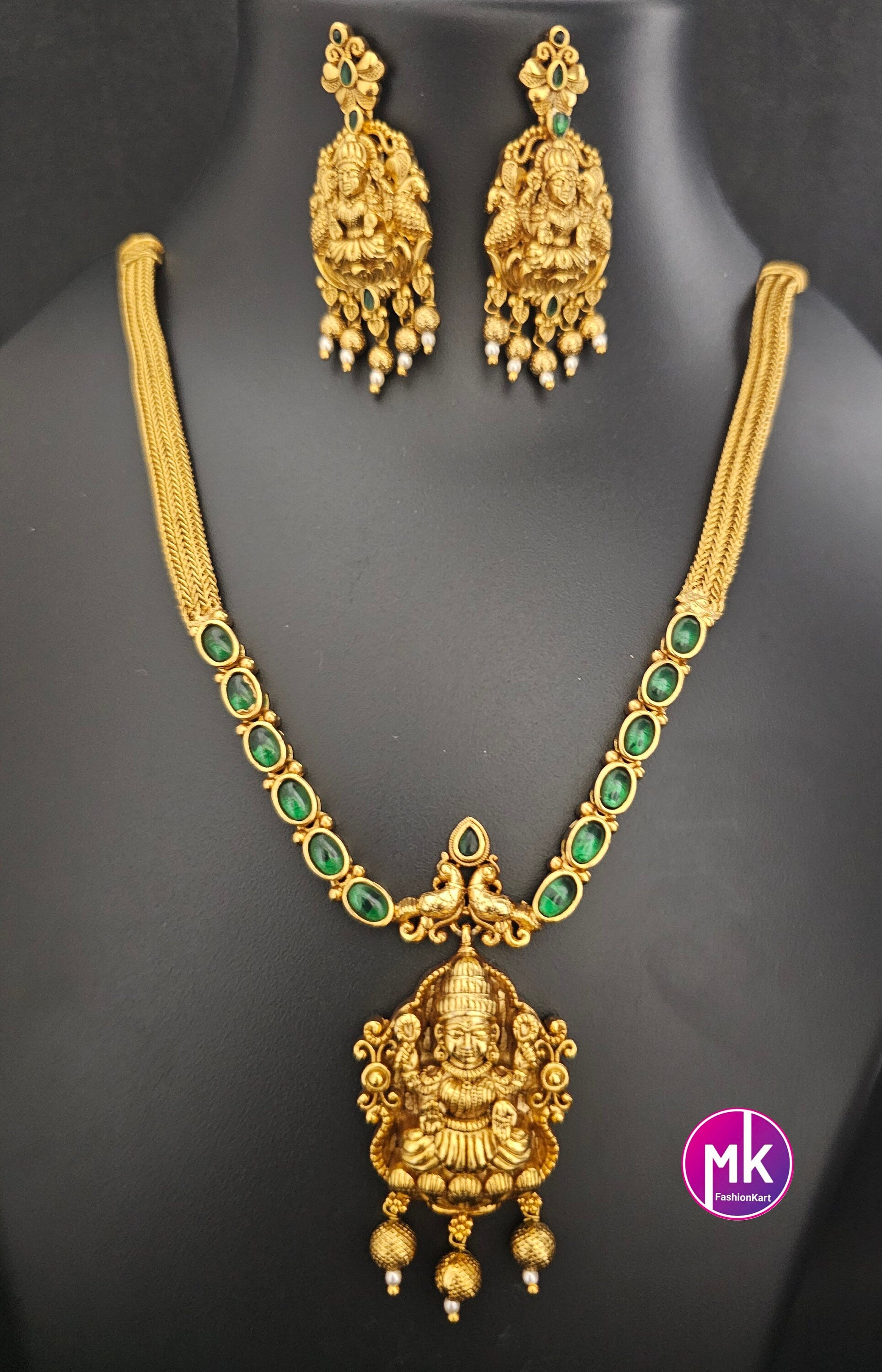 Lakshmi Peacock Design matte gold Polish Emerald stone Necklace with matching Earrings - Gold Jewelry Replica