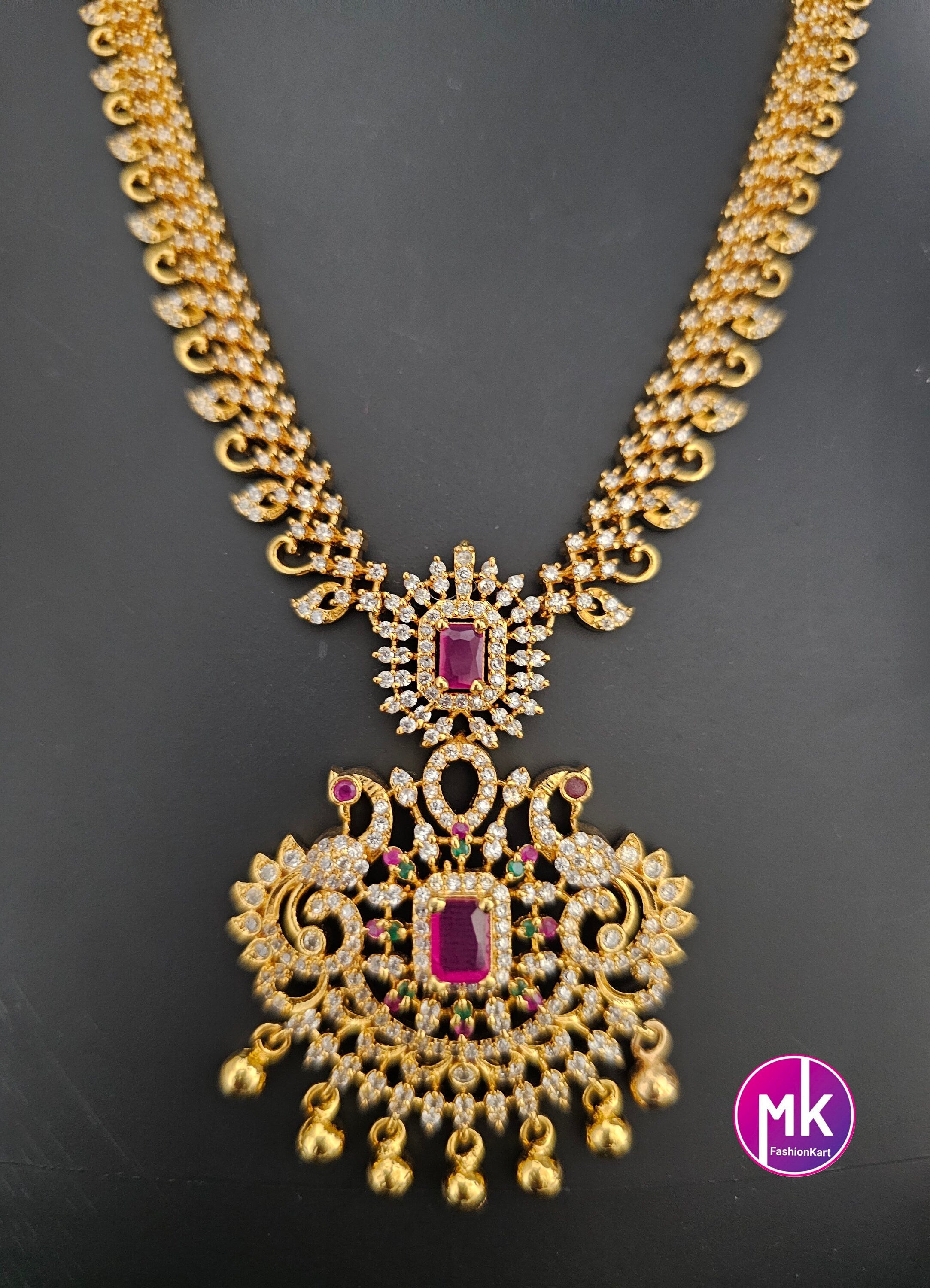 Premium quality AD stone Gold finish long Haram with matching Big Earrings Gold Jewelry Replica - Bridal Haram
