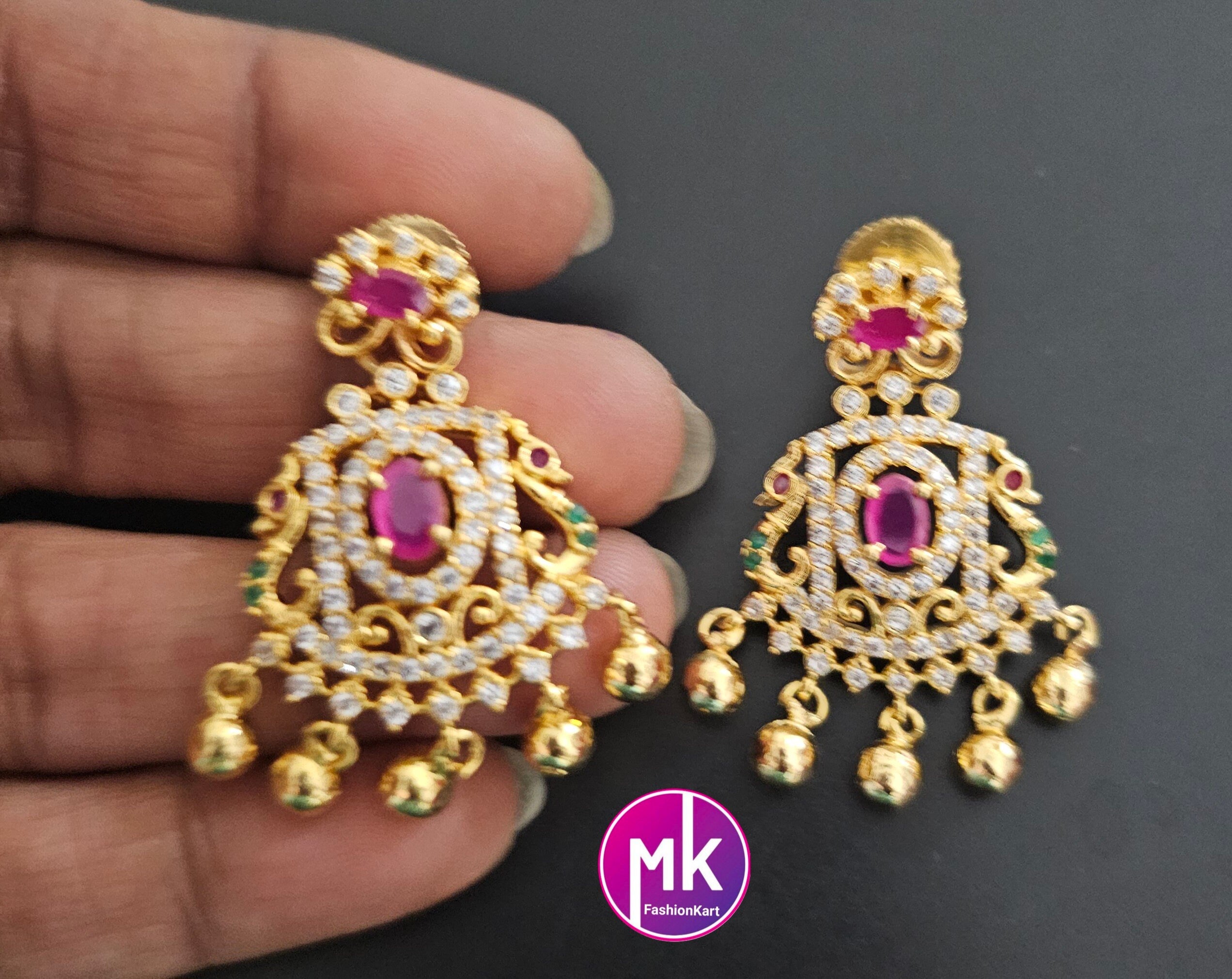 Premium quality AD stone Gold finish long Haram with matching Big Earrings Gold Jewelry Replica - Bridal Haram