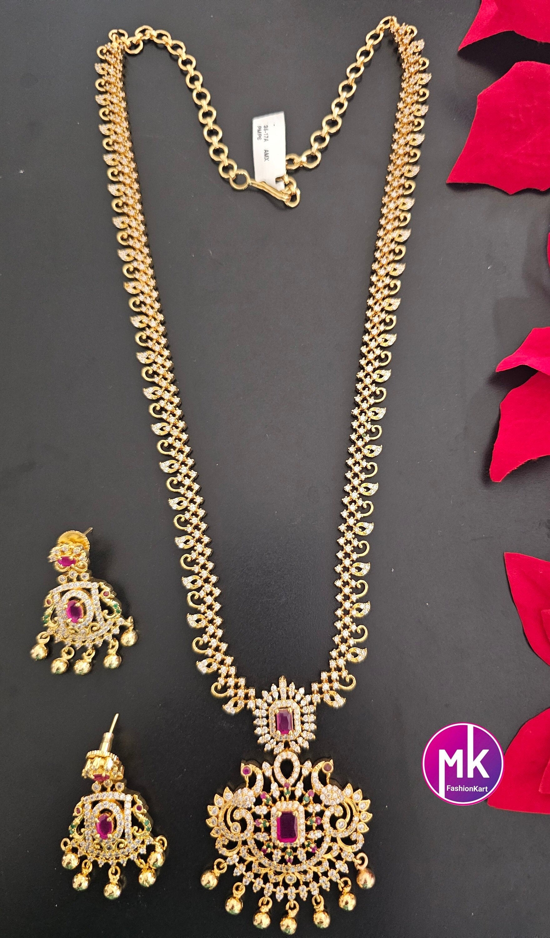 Premium quality AD stone Gold finish long Haram with matching Big Earrings Gold Jewelry Replica - Bridal Haram