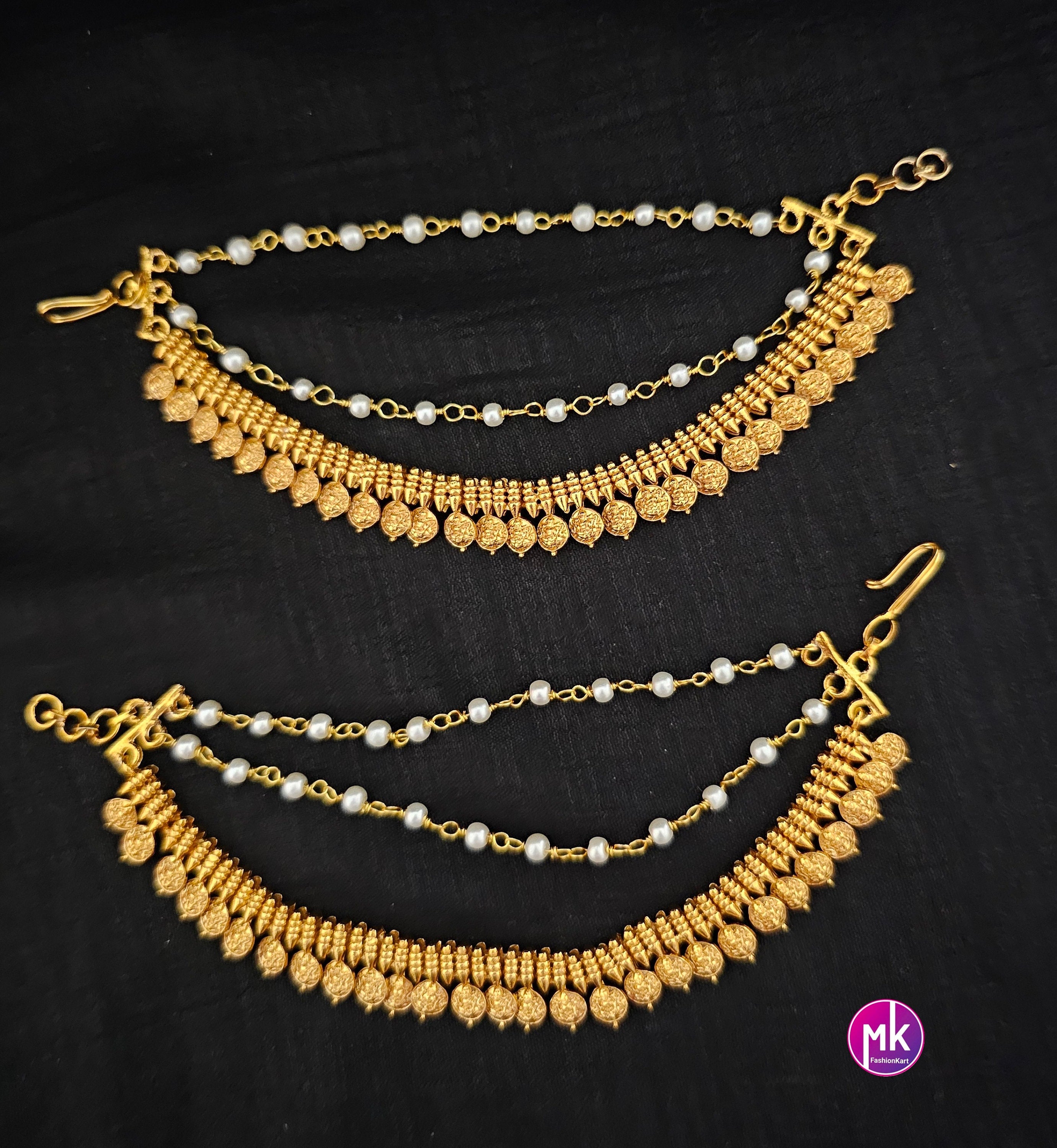 Lakshmi Gold finish Jhumka Matti/Earring Mattal/Matti/Kaan Chain - Three layer pearl Mattal/Matti