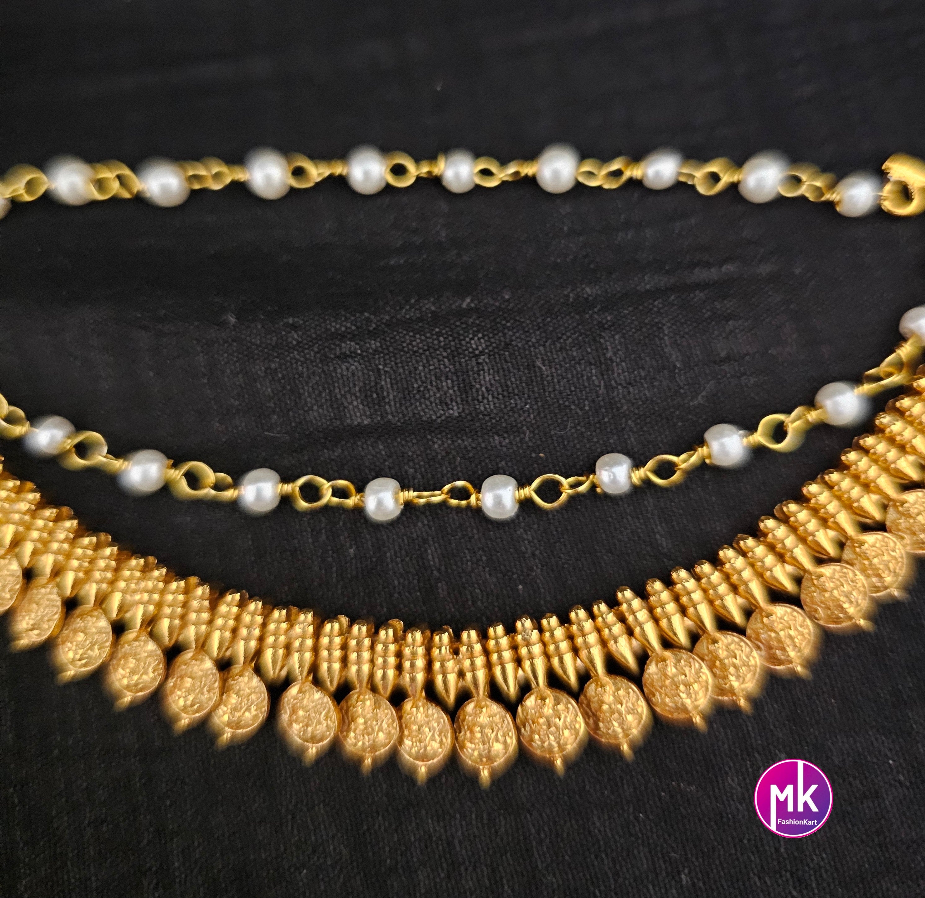 Lakshmi Gold finish Jhumka Matti/Earring Mattal/Matti/Kaan Chain - Three layer pearl Mattal/Matti