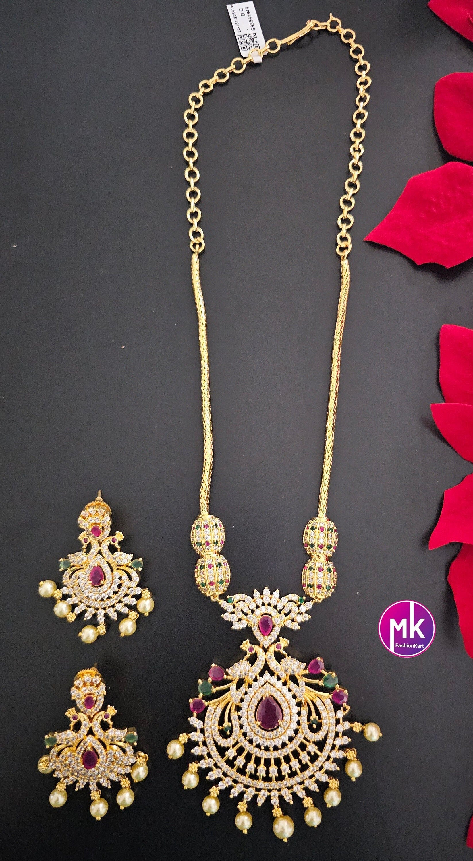Premium Gold finish Peacock Multi-color AD Stone Necklace with matching Earrings