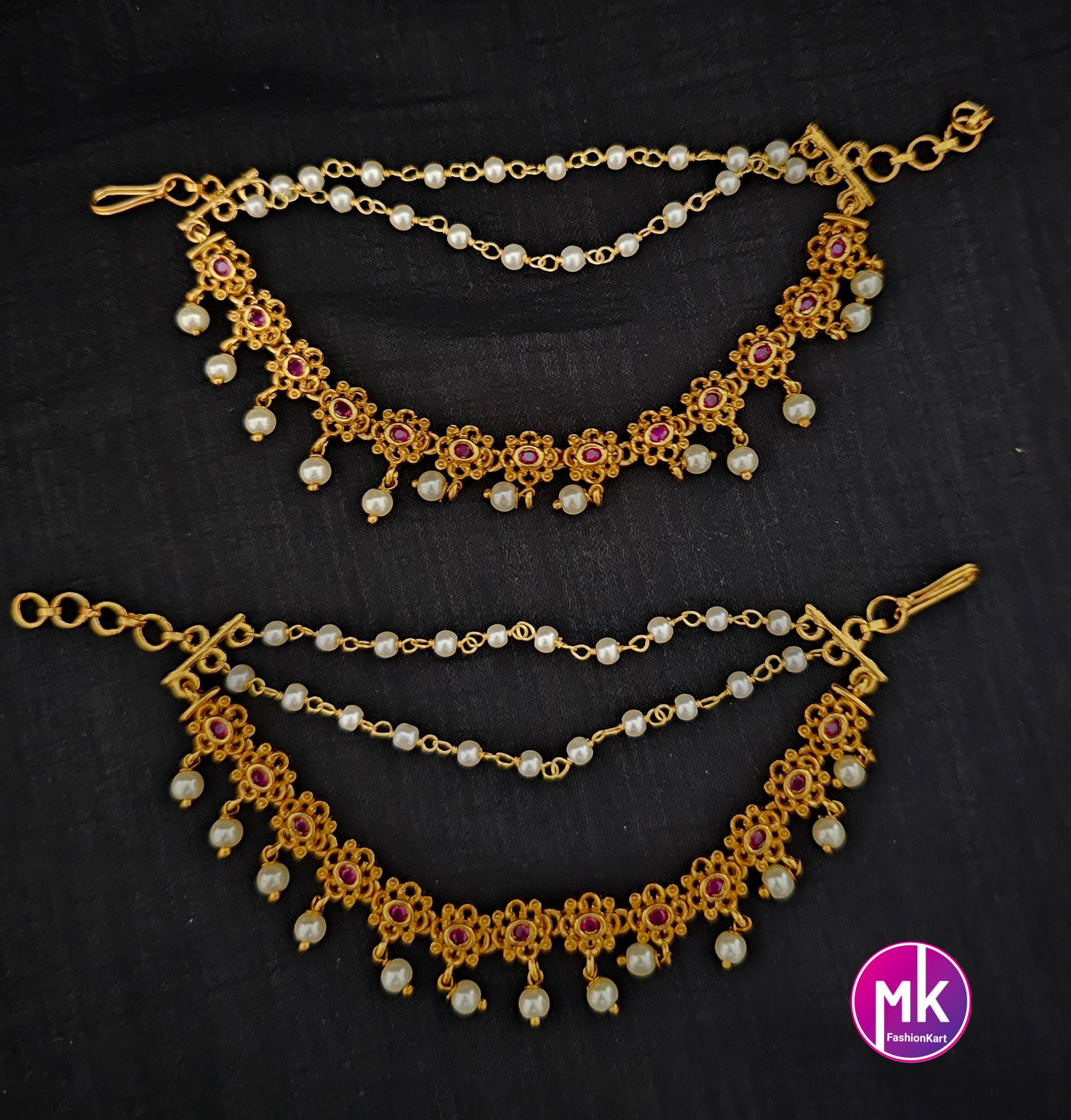 Flower Type Gold finish Jhumka Matti/Earring Mattal/Matti/Kaan Chain - Three layer pearl Mattal/Matti