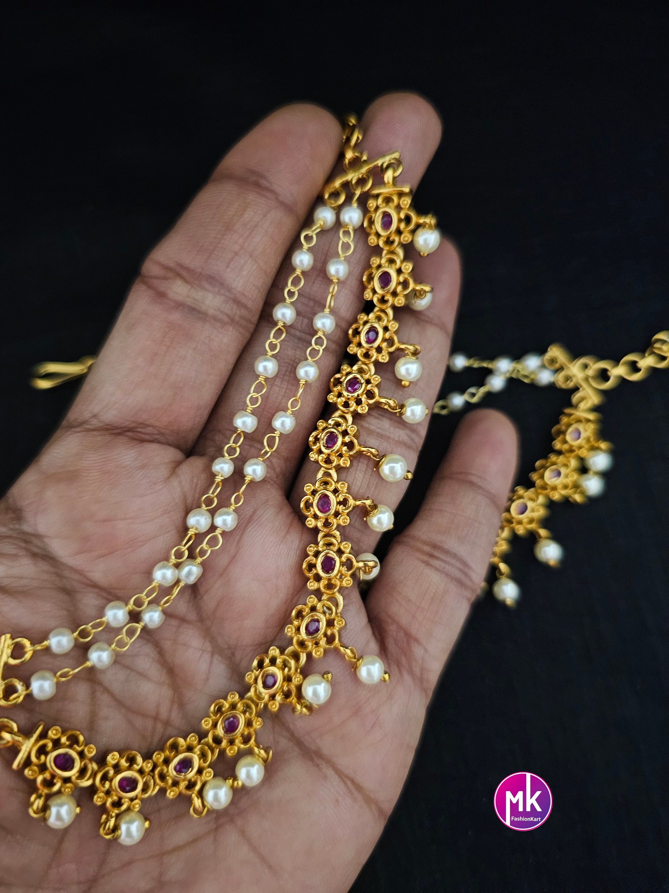 Flower Type Gold finish Jhumka Matti/Earring Mattal/Matti/Kaan Chain - Three layer pearl Mattal/Matti