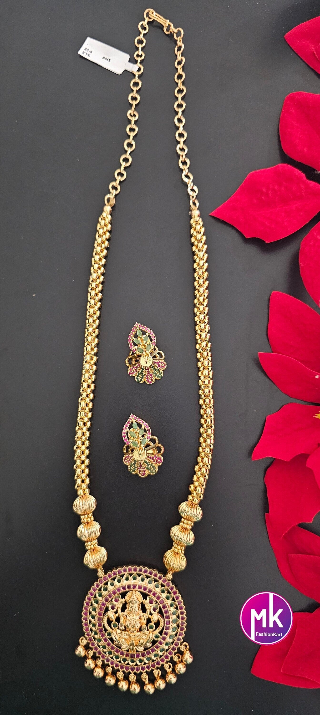 Lakshmi gold Polish AD stone Middle Haram with cute Jhumka- Gold Jewelry Replica