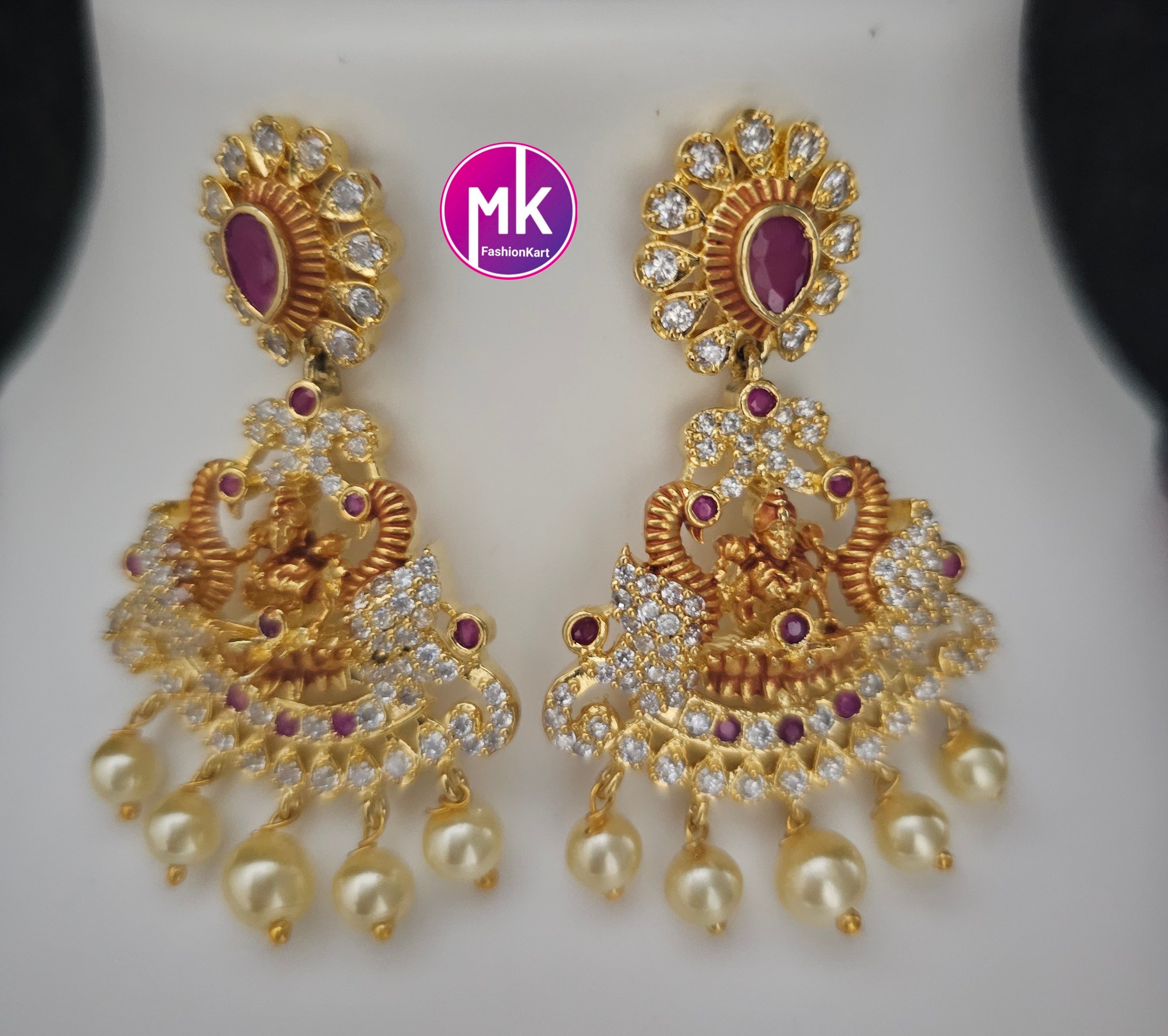 Lakshmi Peacock design AD Pendent with multi-layer crystal Mala and Matching AD stone Earrings