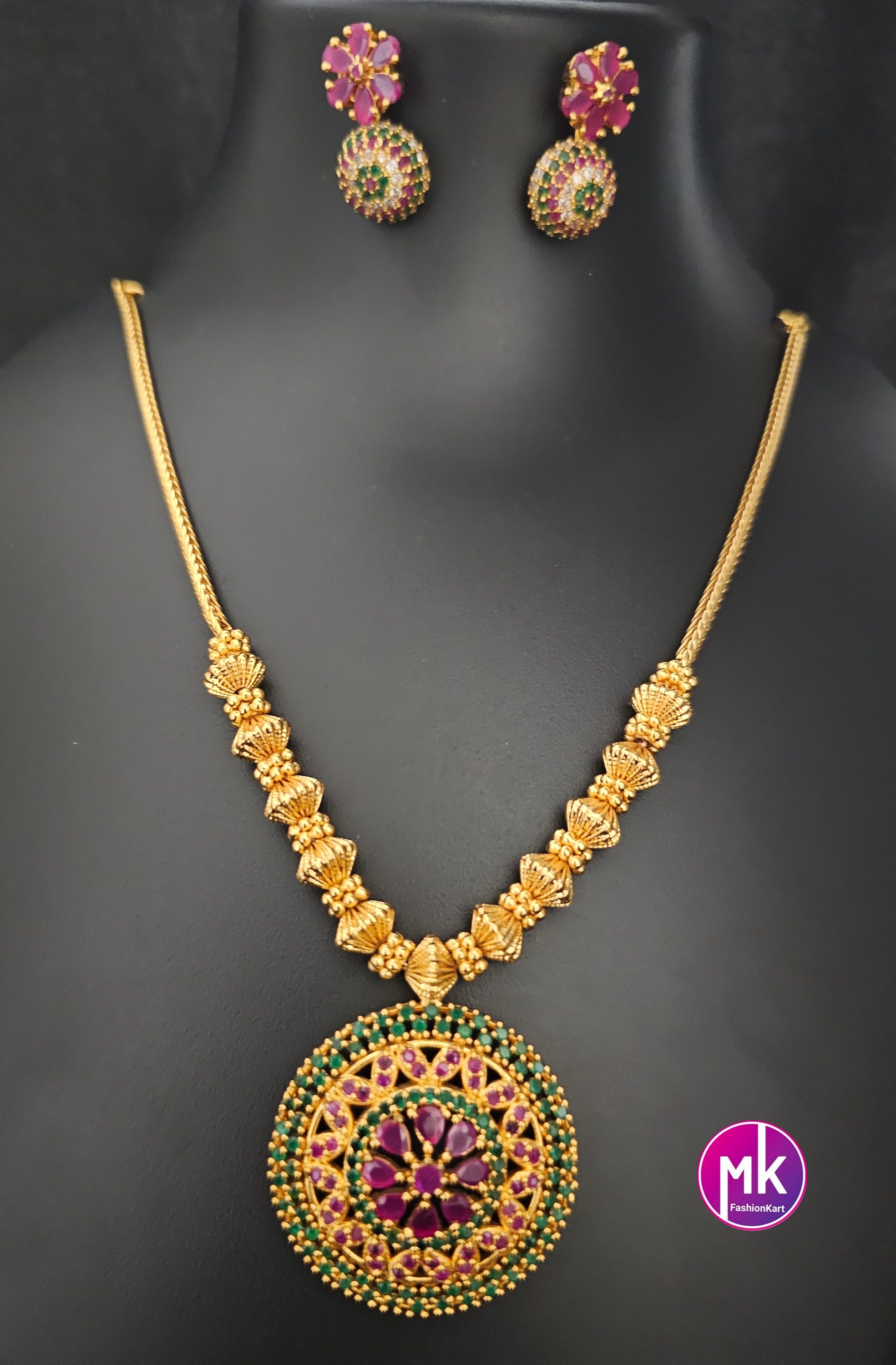 Gold finish Flower Design AD stone Necklace with cute Earrings - Gold Jewelry Replica