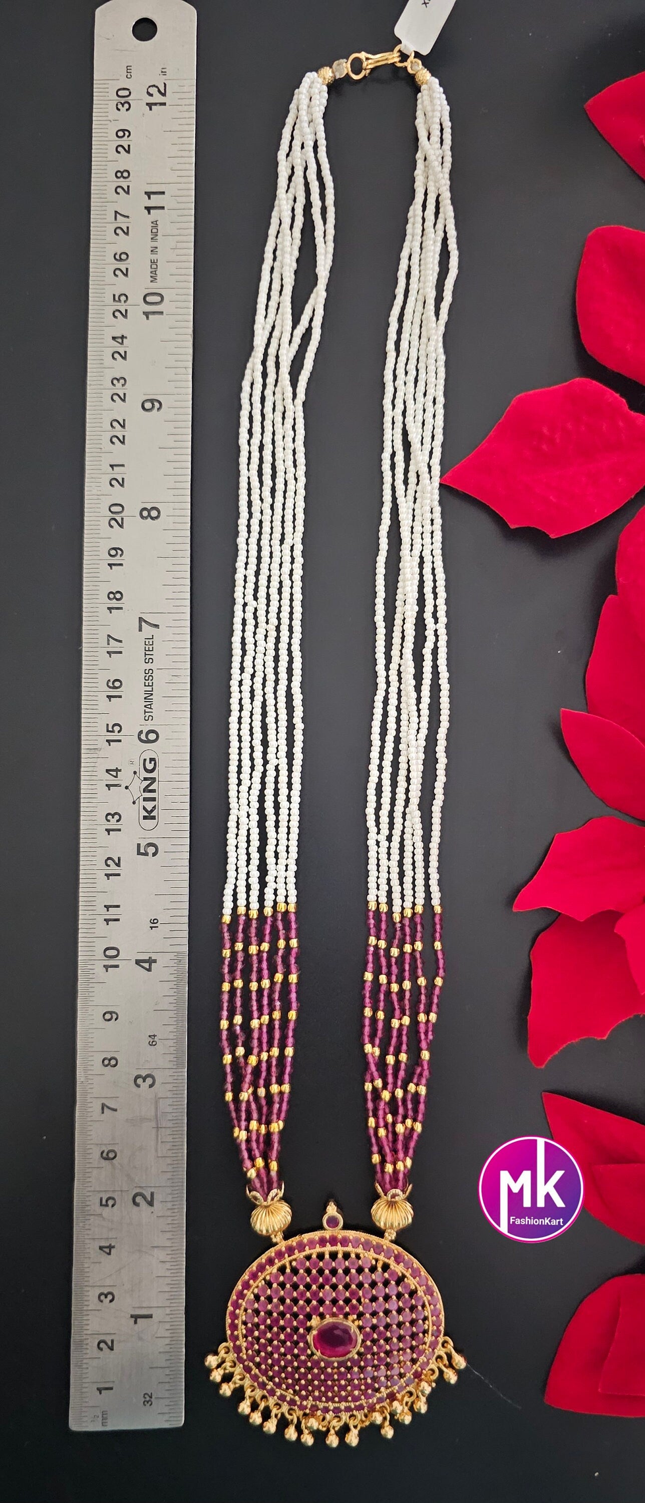 Gold finish Ruby pendent with multi-layer crystal and piroyi pearl Mala