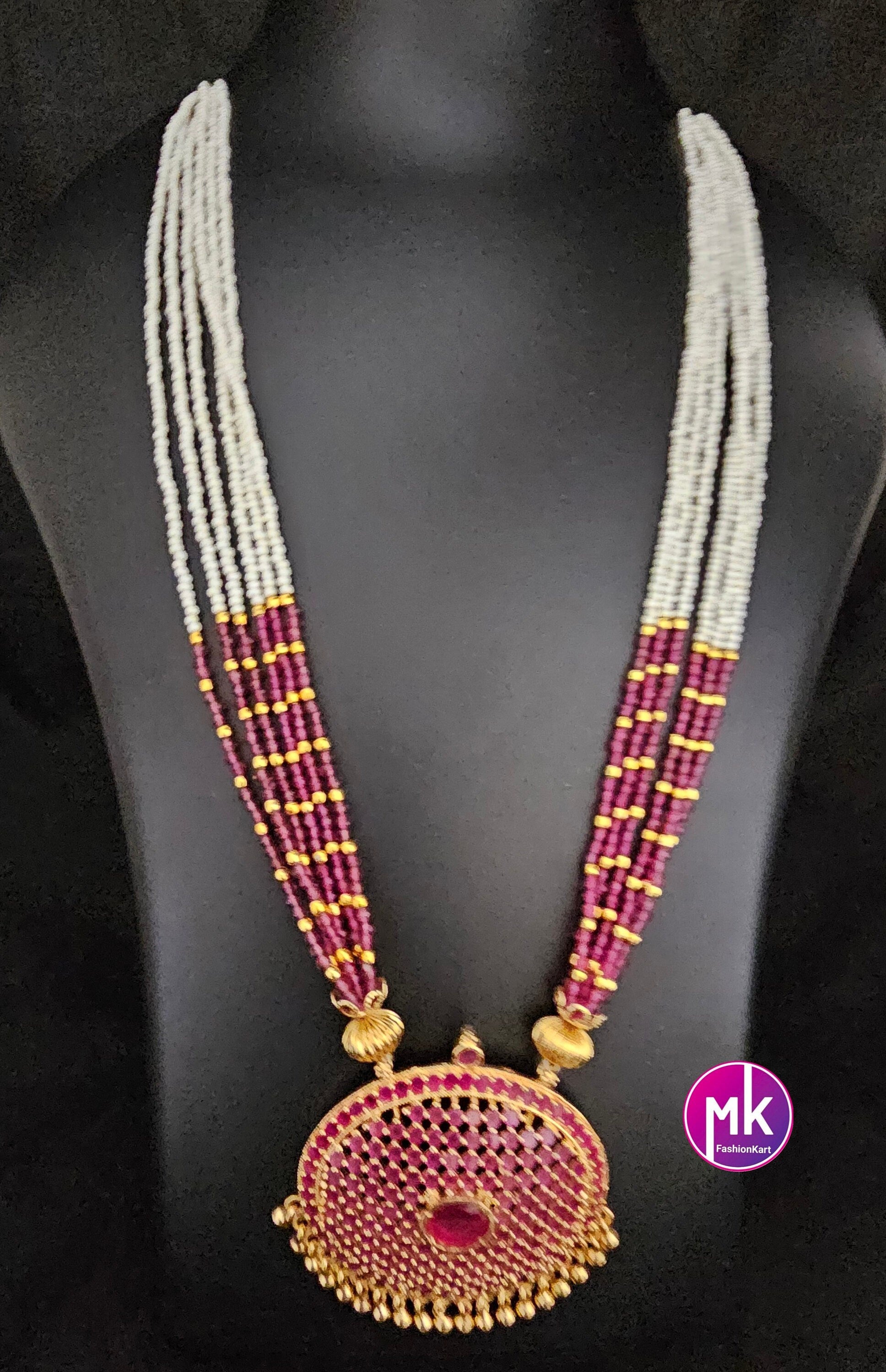 Gold finish Ruby pendent with multi-layer crystal and piroyi pearl Mala