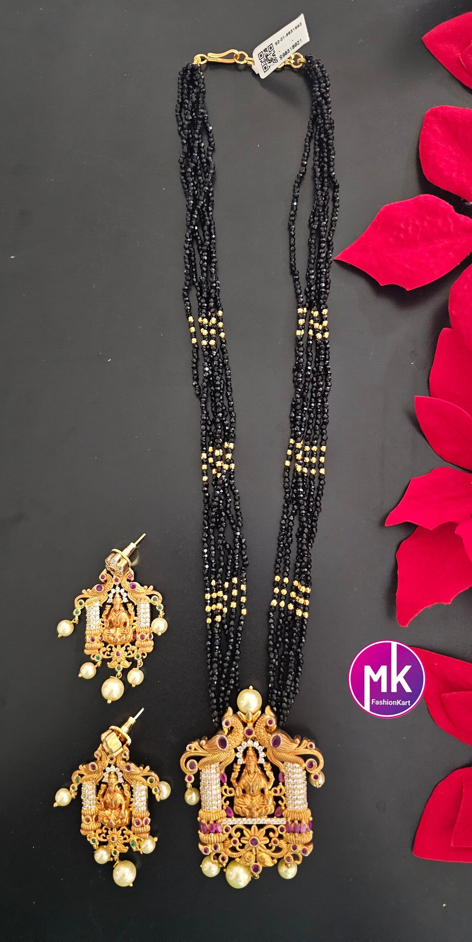 Lakshmi Peacock design AD Pendent with multi-layer crystal Mala and Matching AD stone Earrings