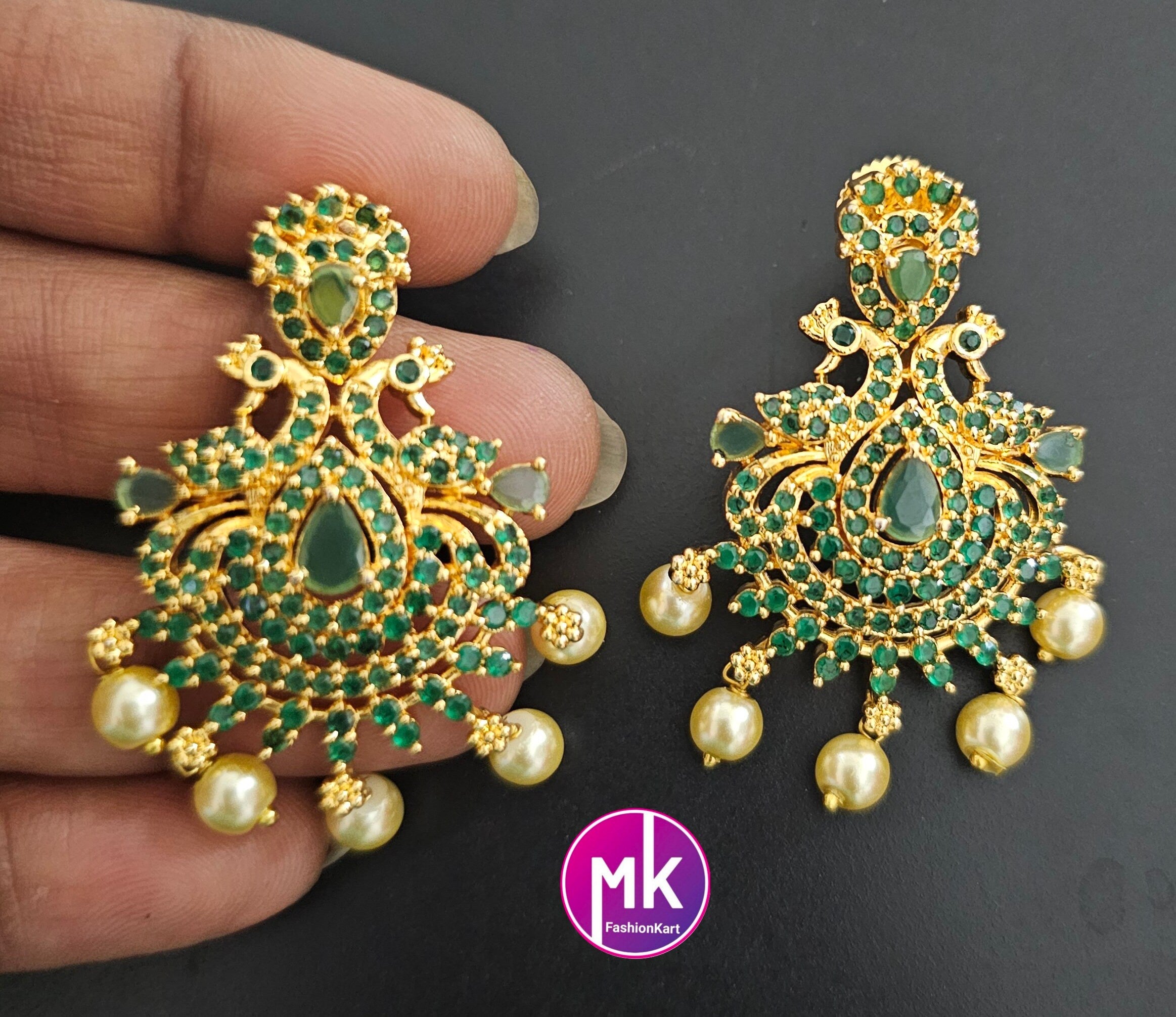 Premium Gold finish Peacock AD Emerald Stone Necklace with matching Earrings