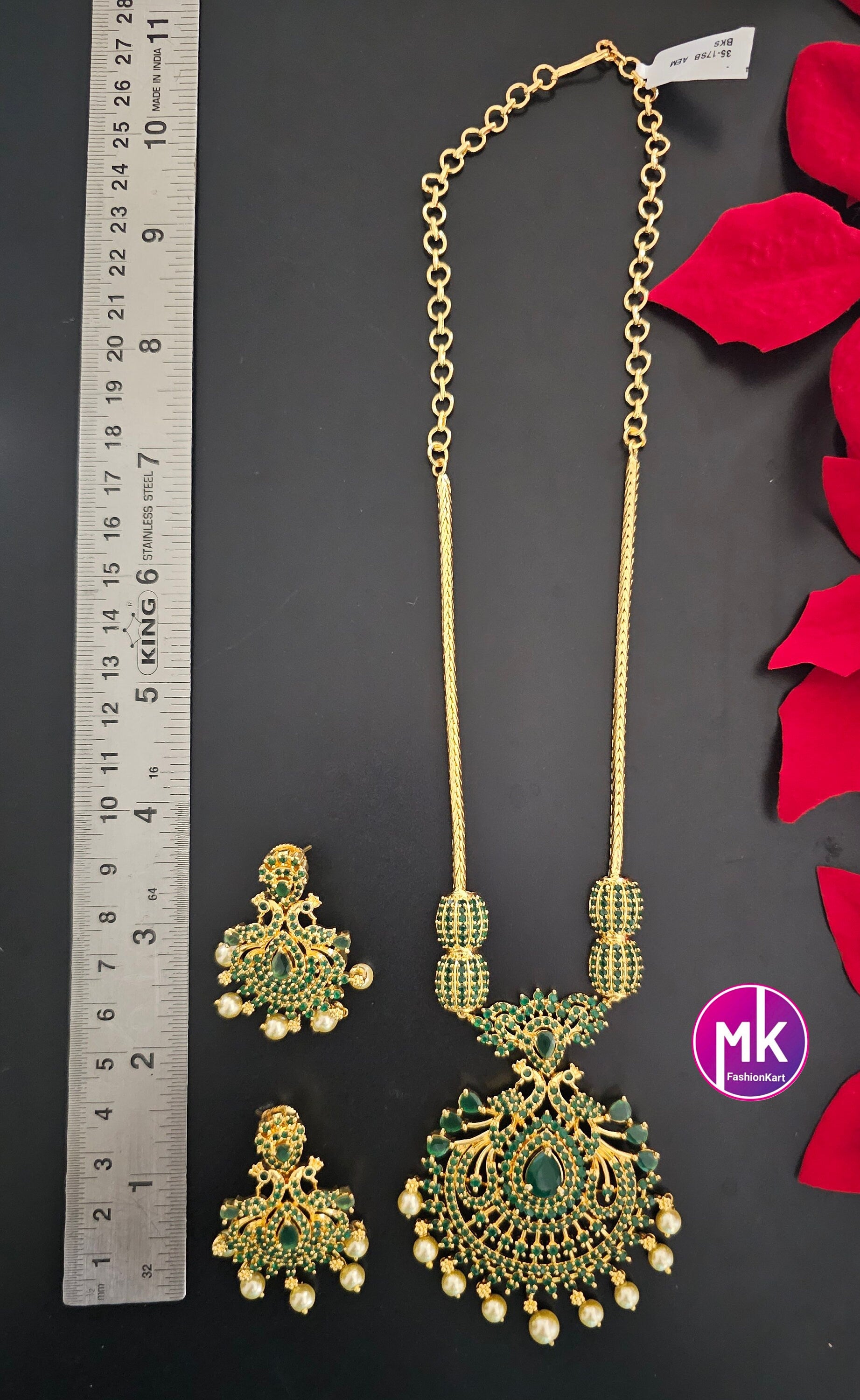 Premium Gold finish Peacock AD Emerald Stone Necklace with matching Earrings
