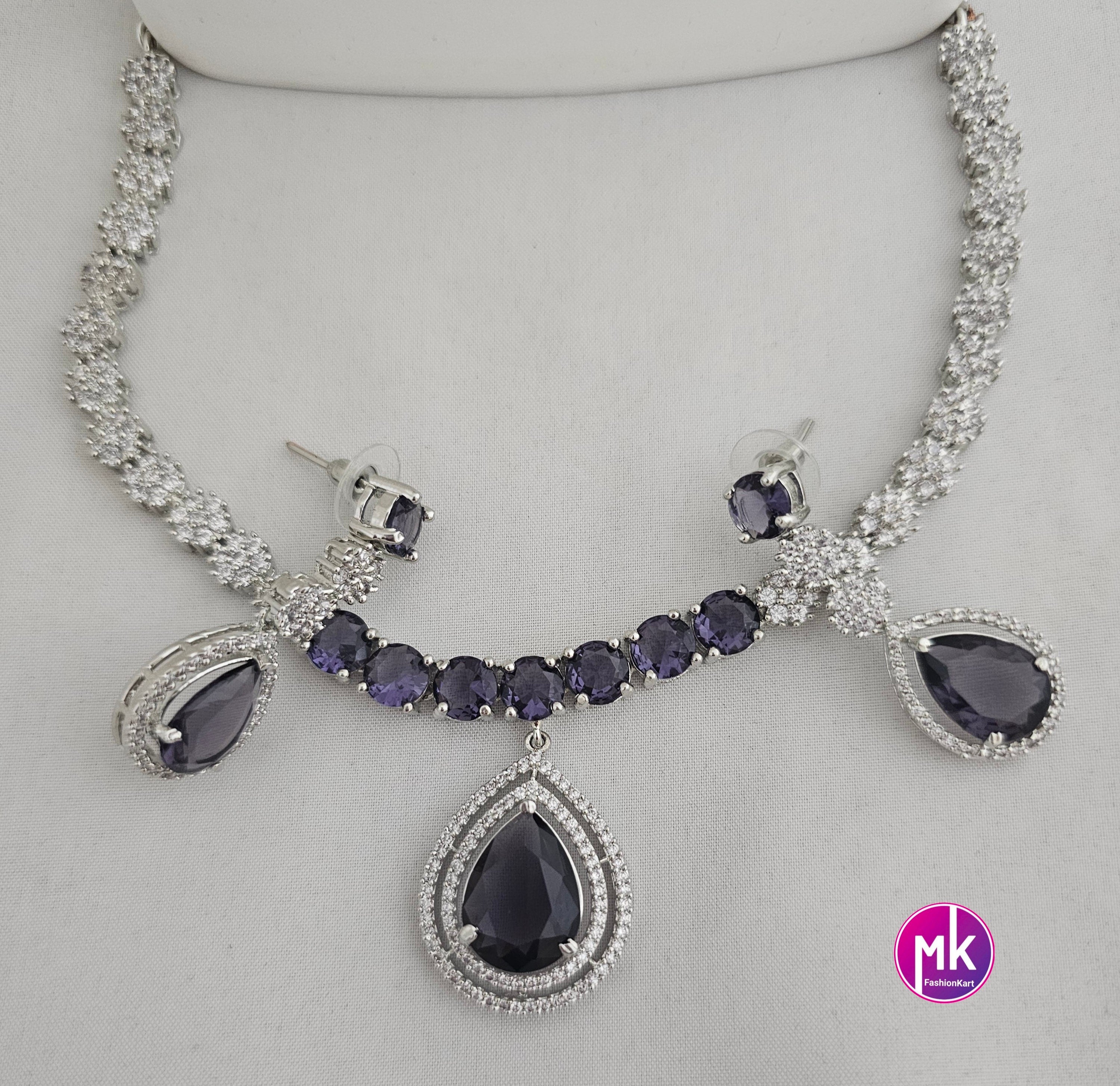 American Diamond Silver Finish AD Stone Purple Necklace with matching Earrings - Prom Necklace -  Diamond Jewelry Replica