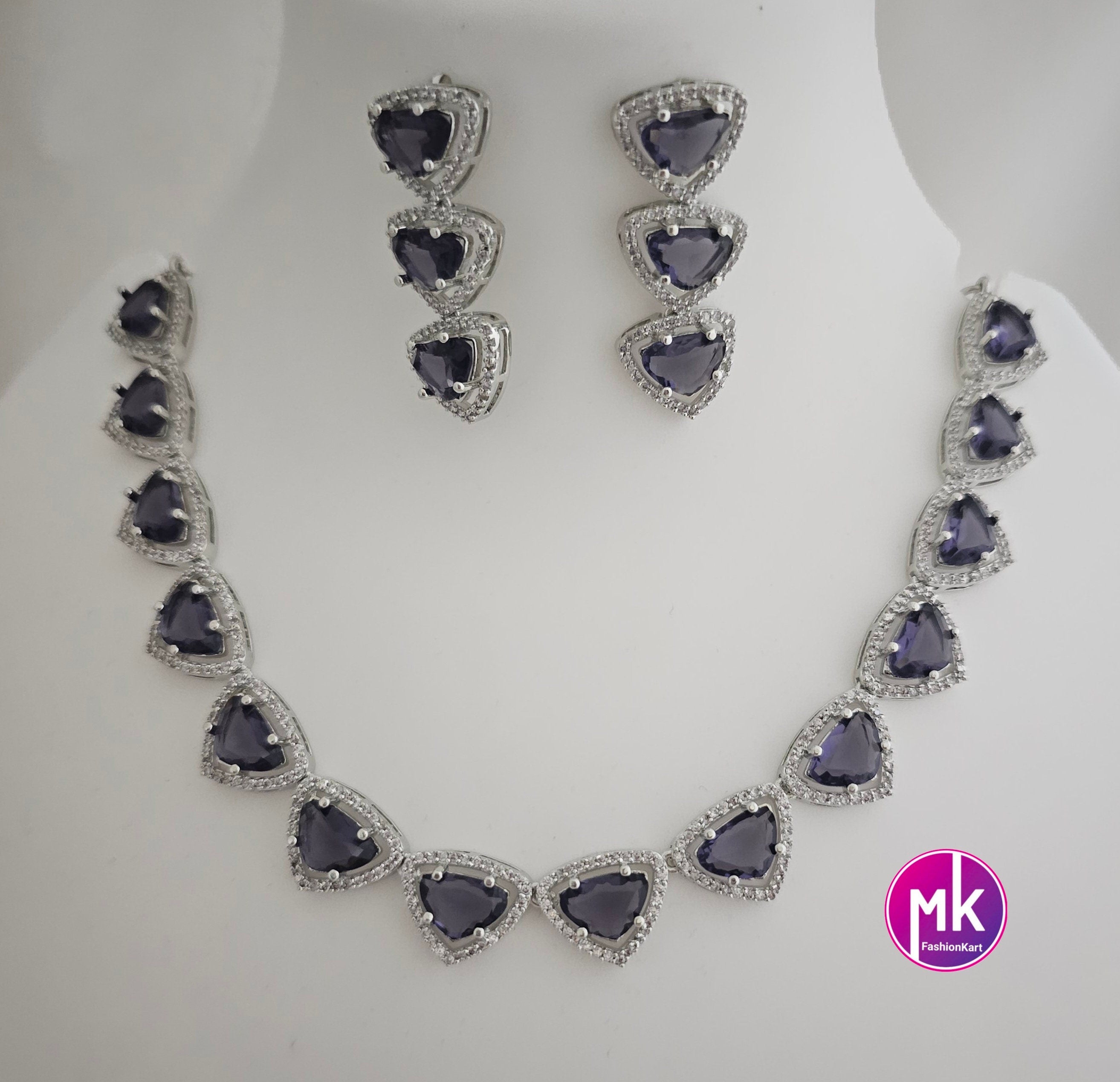 American Diamond Silver Finish AD Stone Purple Necklace with matching Earrings - Prom Necklace -  Diamond Jewelry Replica