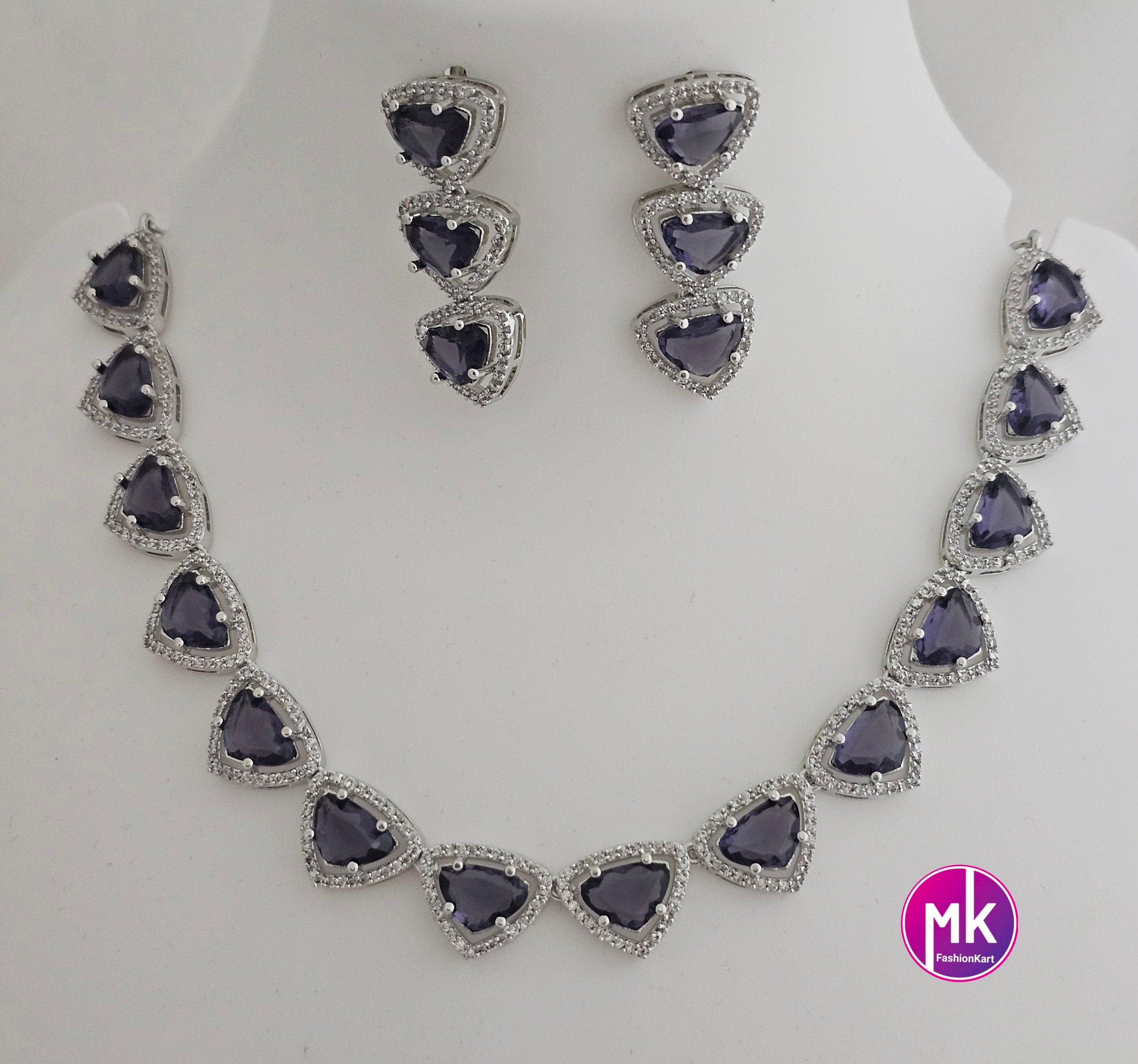 American Diamond Silver Finish AD Stone Purple Necklace with matching Earrings - Prom Necklace -  Diamond Jewelry Replica
